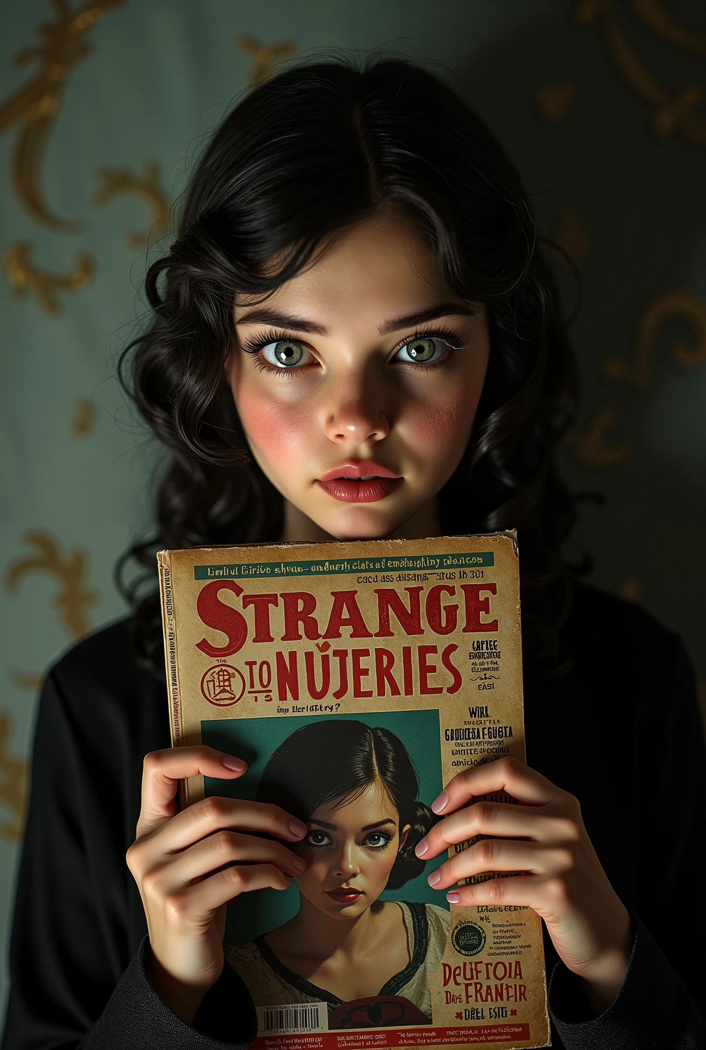 Cover mystery magazine strange stories full length girl, Cute face full length , Girl poses for horror magazine cover Strange Stories , Magazine Era 1933, high quality,