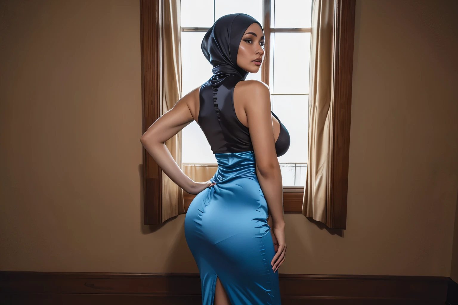 A chic lady in a form-fitting, short dress featuring a low-cut neckline and a hijab, showcasing a daring yet elegant look. -ar 1:1