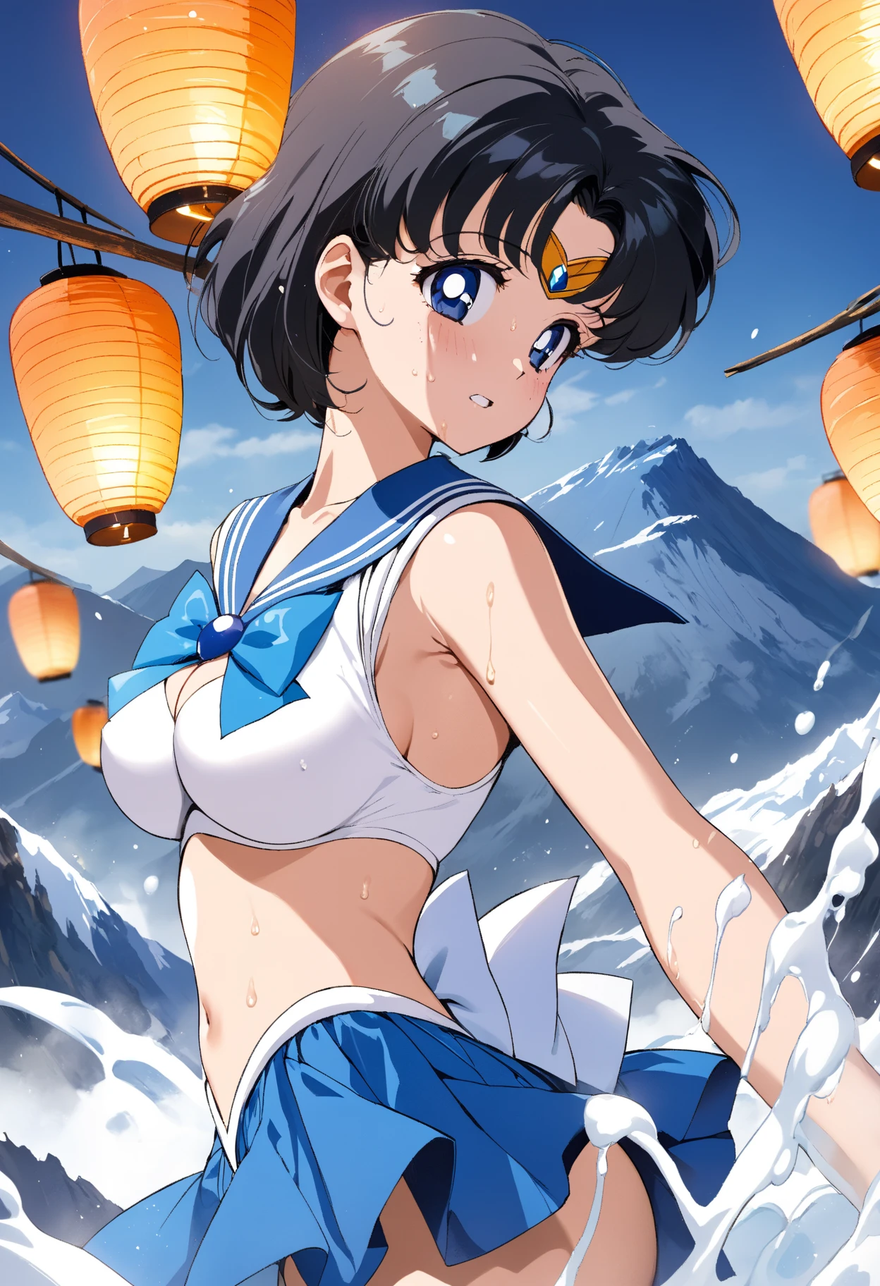 masterpiece, best quality, ultra-detailed, cute, (navel), (mons pubis:1.5), (pussy line:1.5), (groin:1.5), full body, Higurashi Kagome, wearing a sailor uniform that only covers her chest, stands next to a heart on a pink background, showing her navel, (pussy: 1.5), thighs, knees, shins and feet, 2girls, (bottomless: 1.5), long hair, large (breasts), one eye closed, brown eyes
