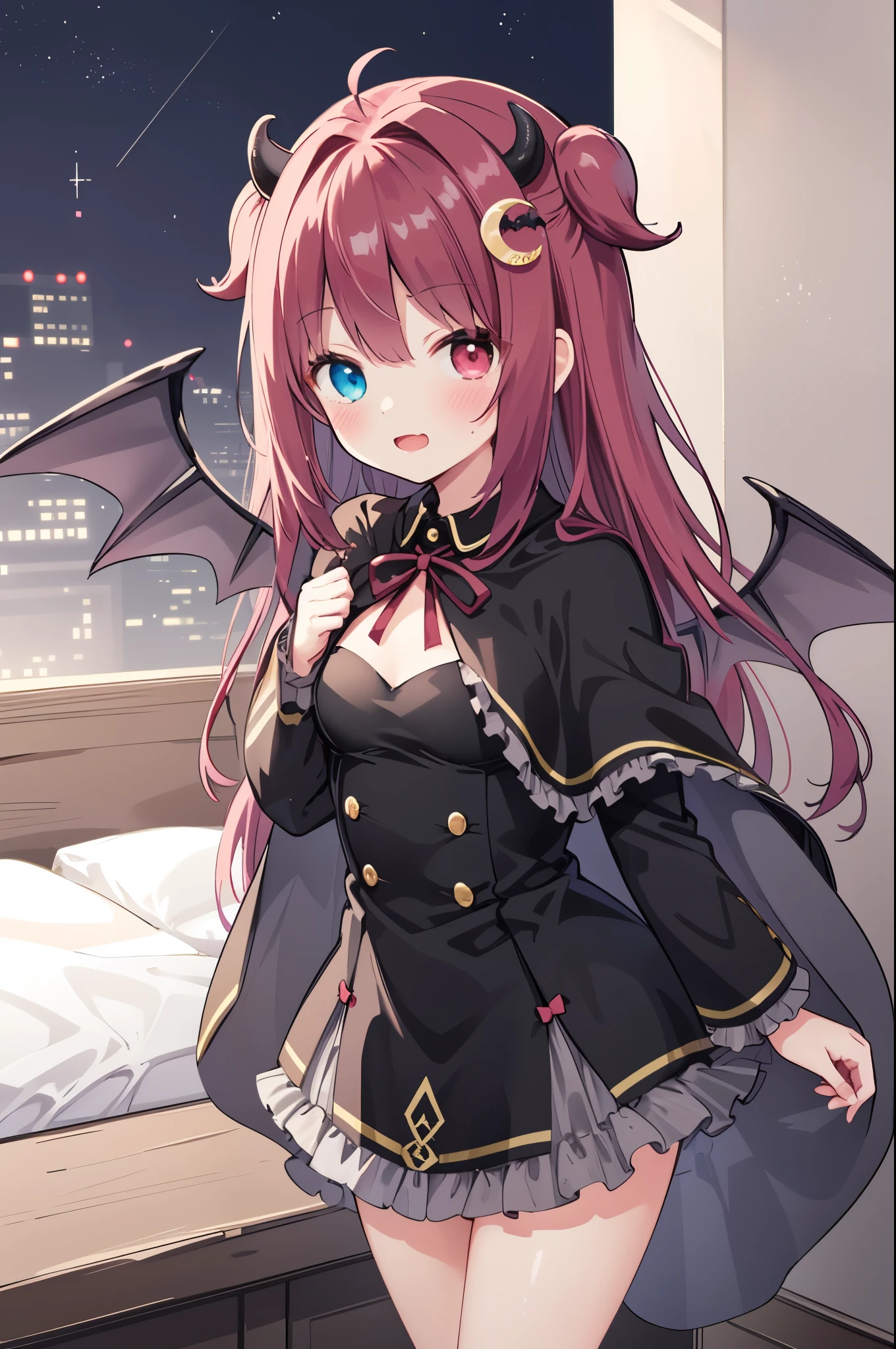 masterpiece, Top Quality , Detailed Details,Cinema Light,cowboy shot standing in a natural position,Subdued red semi-long hair,(right eye is blue and left eye is red),(The right eye is blue and the left eye is red Odd Eye),((Your right and left eyes are different)), (((wearing a cute black dress with a short cape))),((yuzuki roa/Yumezuki Roa))),(The right eye is blue and the left eye is red),( detailed textured lighting) ,(((wearing a cute black dress with a short cape))),((Shiny Skin)),viewer detail surface lighting ), Calm red long hair,((Bat feathers growing on her back)),with 2 small horns growing on the head,crescent moon hair ornament on the head,perfect ratio,slim waist, slim body , beautiful body,middle size breasts,big eyes, view from below,(Mischievous expression,embarrassed face),(sitting),(plump camel toes),(spread your legs),((yuzuki roa/Yumezuki Roa))),The background is a cute bedroom , open your mouth and smile,wearing a cute black dress with a short cape, pink lace panties are visible,Your butt looks good,