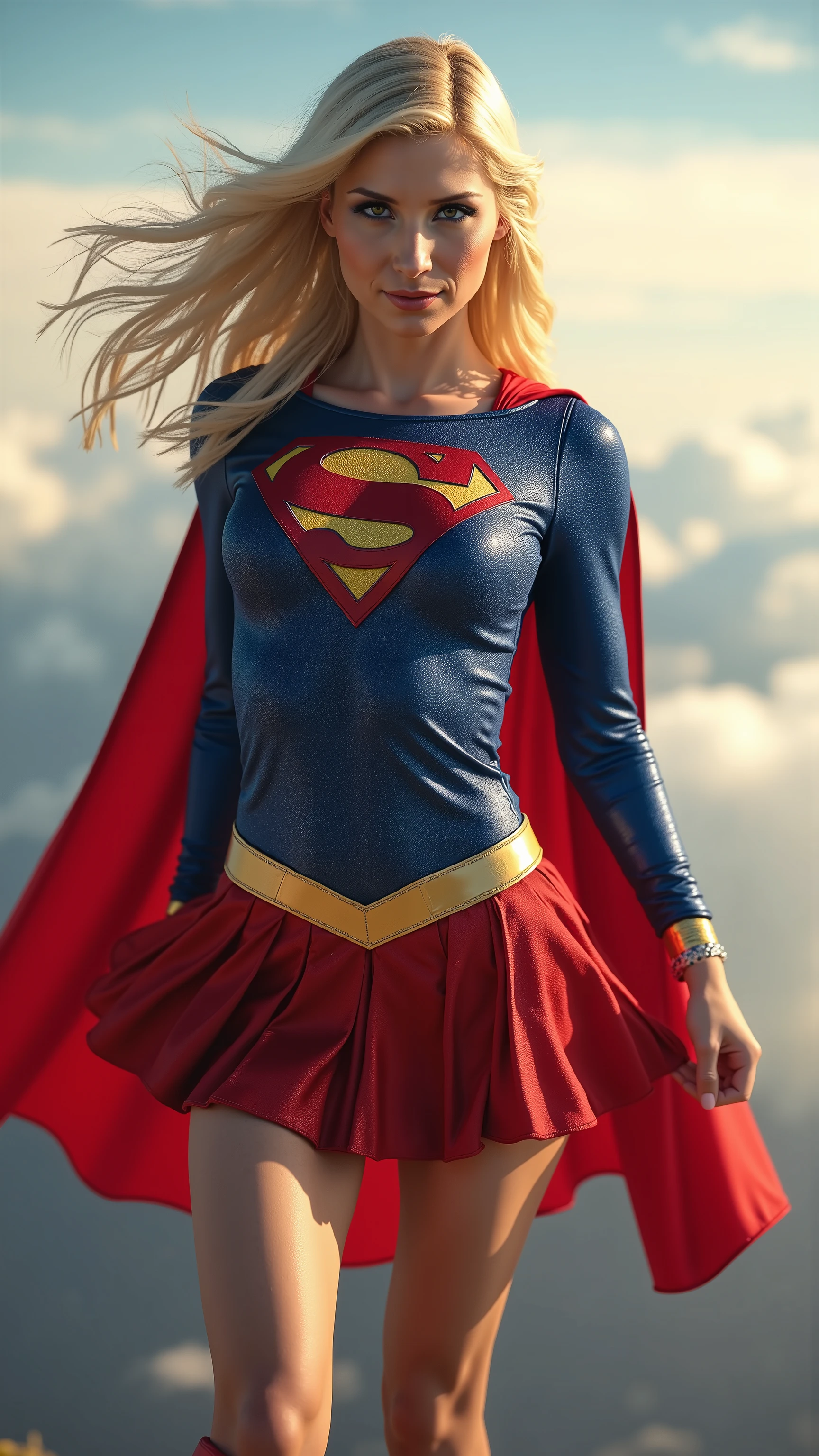 INSANELY SEXY, RIPPED MUSCULAR BUSTY, BOOBS SUPERGIRL WEARING THE ORIGNAL SUPERGIRL COSTUME FROM 1950. SOARING, 8k, high definition, visible cleavage