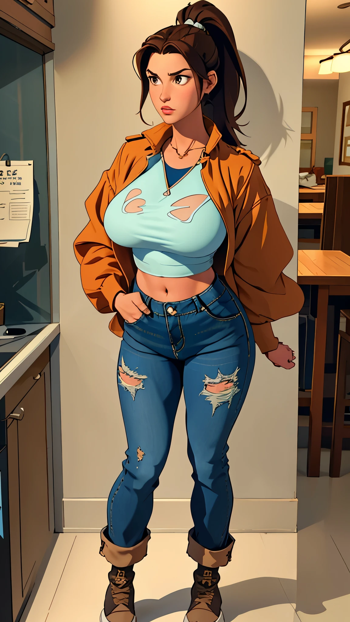 photo realistic, ,1 girl, ponytail, brown hair, popped collar denim jacket, ,popped collar, shorts pants, aroused, full body shot, see-through,tight, huge breasts, midriff peek, fellatio, cum