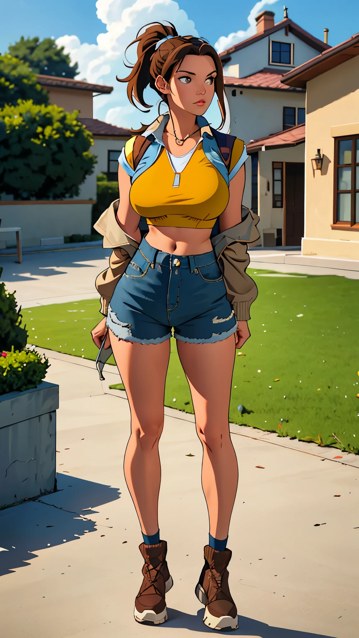 photo realistic, ,1 girl, ponytail, brown hair, popped collar denim jacket, ,popped collar, shorts pants, aroused, full body shot, see-through,tight, huge breasts, midriff peek, fellatio, cum