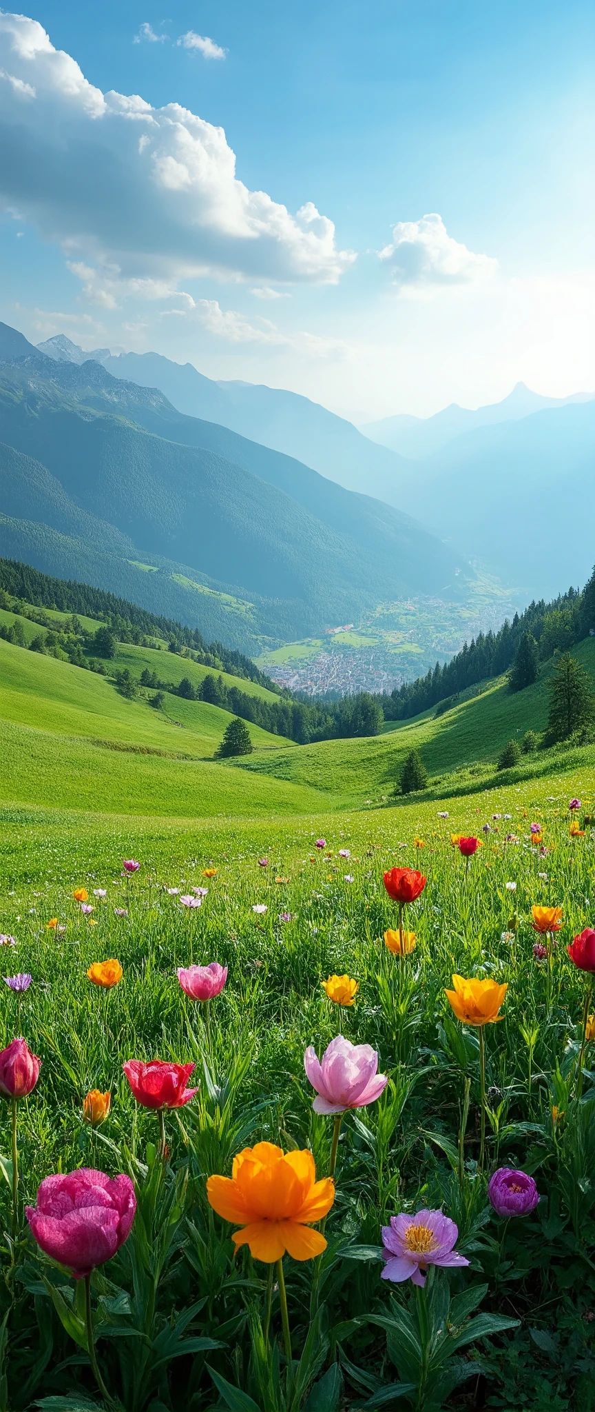 highdefinition images 、A flower field in the Swiss Highlands、 Best Images、 A plateau with a fresh breeze 、Magical beings and mysterious colorful flowers hidden in the prairie 、8k ( High Quality Seven Colored Flowers ) A plateau full of fantasy、 A refreshing plateau landscape image。A city can be seen below the plateau。