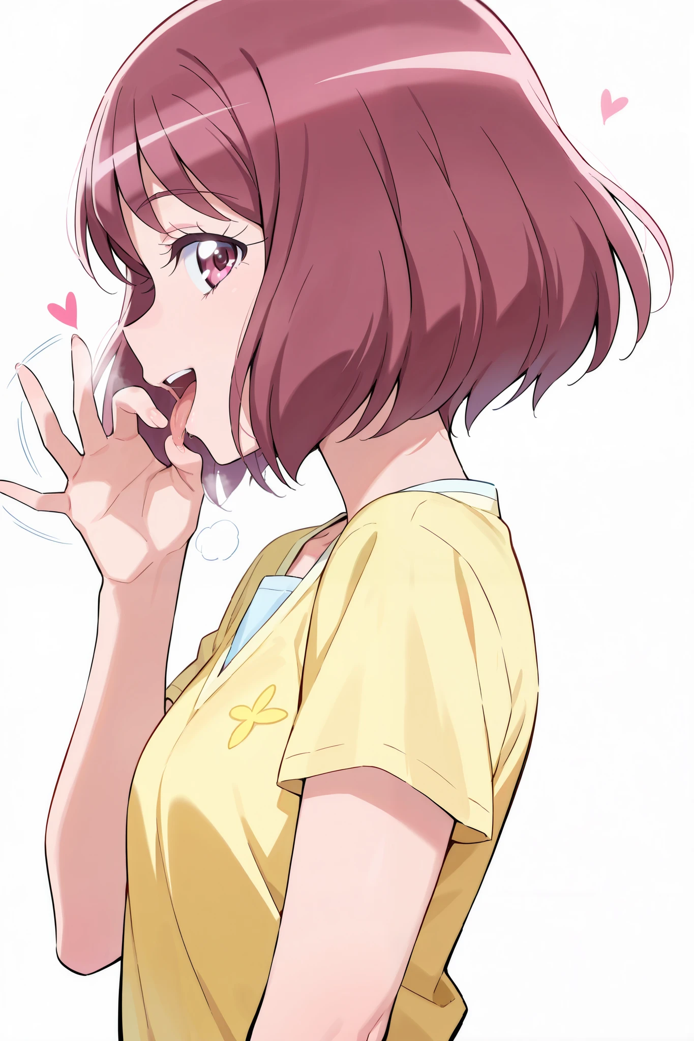 score 9, score 8 up, score 7 up, ultra-detailed, (best quality, masterpiece, ultra detailed, ultra high res, absurdres, high-resolution, highest quality, very aesthetic, textile shading), source anime, (detailed eyes), (detailed face), uncensored, nsfw, BREAK, 1girl, solo, (healin' good precure), (hanadera nodoka), fellatio gesture, upper body, profile, tongue out, open mouth, heart, heavy breathing, naughty smile, looking at viewer, white background, simple background, motion lines,
