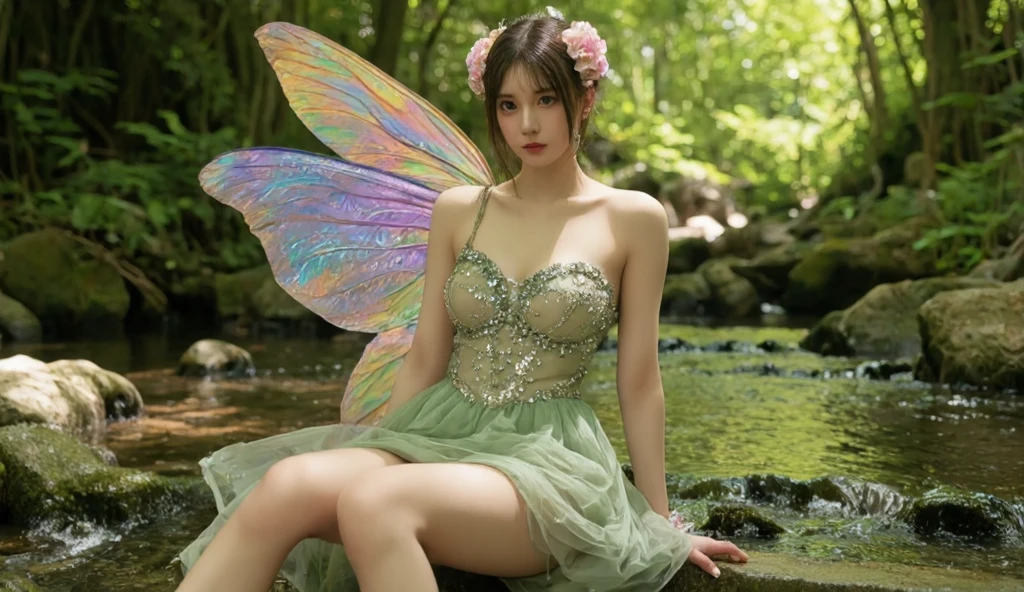 A young fairy in vortex of falling flowers and leaves. Butterfly like Wings. She wears a multilayered ruffled dress in light pink transparent fabric with silver and aquamarine embellishments. Long messy wavy hair. She is merging from a swirl of multicoloured varieties of flowers and leaves of different shapes and tones of green. Happy palette of colours. Magical flowery forest as background, clear day, sunny, light filtering through the trees. Photorealistic.