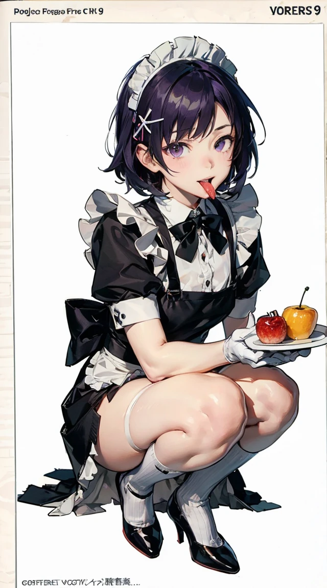 1girl, solo, masterpiece, highest quality, 8k, , kitchen background, naked apron, bare legs, sexy legs, bewitching thighs, blushing slightly, sfw, thick thighs, holding kitchen knife on each hand facing a turkey on plate half cooked, black hair, black eyes, peach skin, black and white apron,
