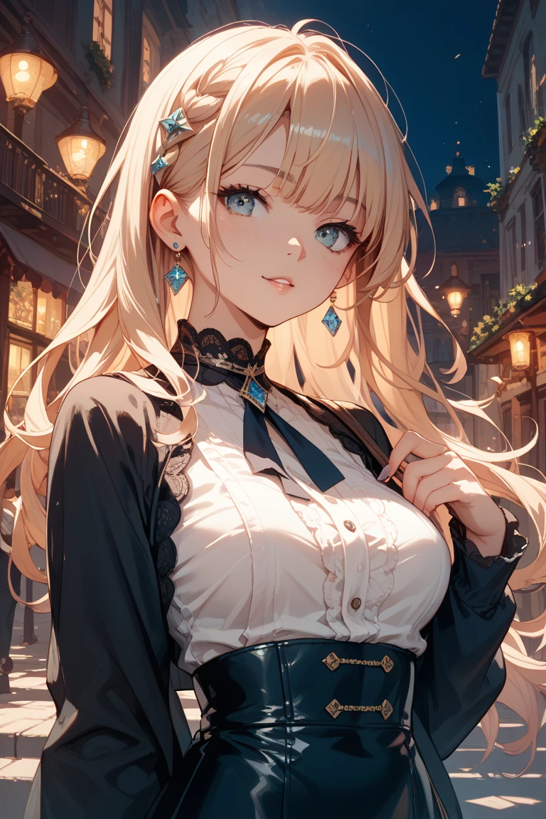 (masterpiece:1.3), ((Best quality at best)), (disorganized:1.3), (highest quality:1.3),(perfect anatomy:1.5),Super detailed:1.3),(best shadow:0.7),(Ultra high resolution), extremely detailed texture, sharp focus, realistic lighting, cinematic quality, photorealistic details, smooth shading, fine grain, high dynamic range, 8K quality, exquisite clarity, (Real photos, Crafted with meticulous precision), ultra realistic 8k cg, picture-perfect face, flawless, clean, professional artwork, famous artwork, cinematic lighting, cinematic bloom, high resolution, A girl, blond, blue eyes, Fashion Clothing, necklace, jewelry, Pretty Face, Perfect breasts, more than_Body, Tyndall effect, lifelike, Dark Studio, Side light, Two-color lighting, (HD Skin:1.2), 8K Ultra HD, SLR camera, Soft Light, high quality, Volumetric Lighting, frank, photography, high resolution, 4K, 8k, Bokeh,