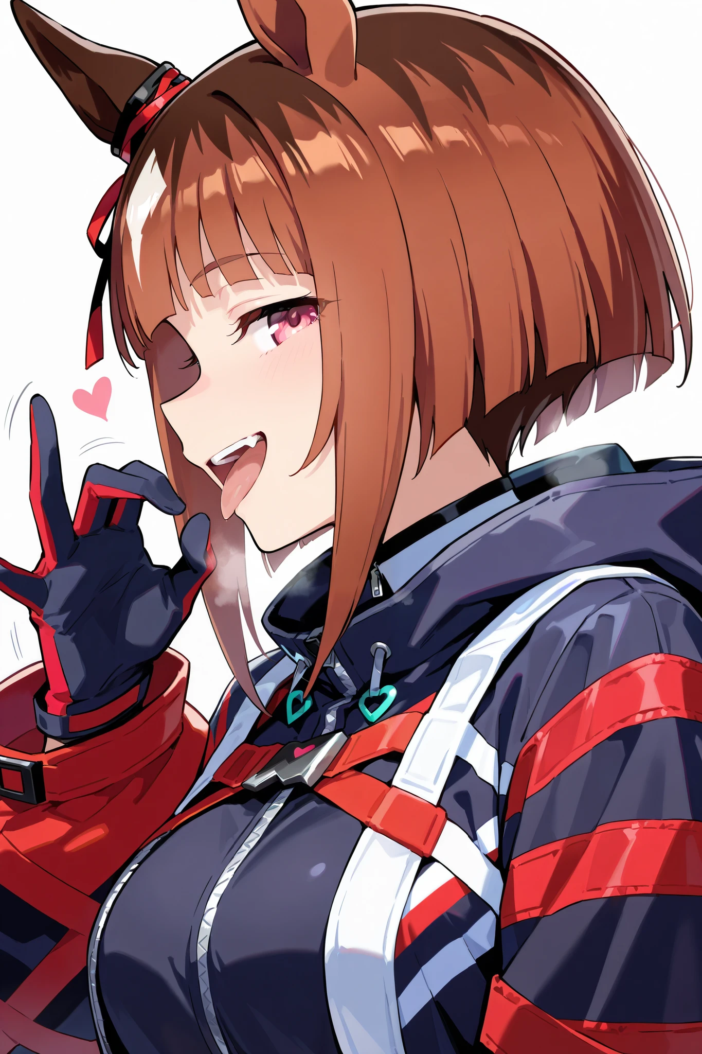 score 9, score 8 up, score 7 up, ultra-detailed, (best quality, masterpiece, ultra detailed, ultra high res, absurdres, high-resolution, highest quality, very aesthetic, textile shading), source anime, (detailed eyes), (detailed face), uncensored, nsfw, BREAK, 1girl, solo, (umamusume), (transcend /(umamusume/)), fellatio gesture, upper body, profile, tongue out, open mouth, heart, heavy breathing, naughty smile, looking at viewer, white background, simple background, motion lines,