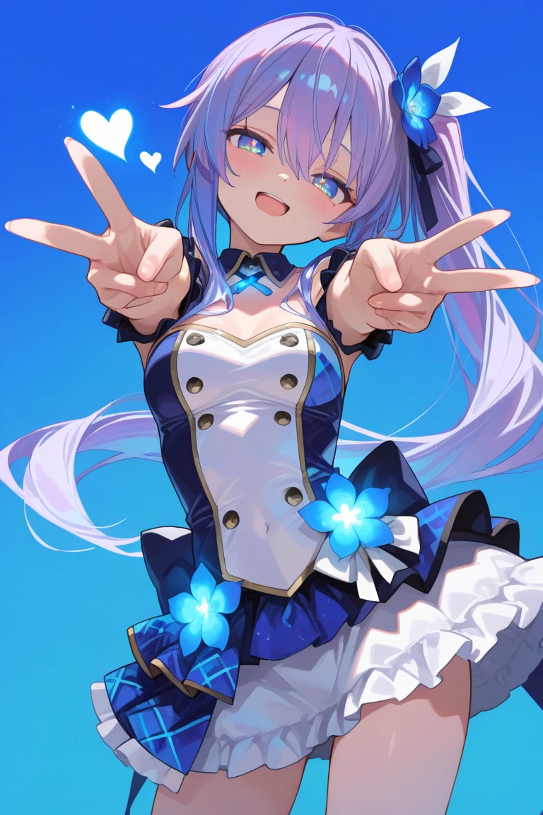 (Best quality, 4k, 8k, high resolution, masterpiece:1.2),1loli girl,Dynamic,cheerful,happy Smile Open mouth、head tilt,(double v Stretch reaching),(cute idol clothes),beautiful,cowboy shot, (),(hair flowing over),(glowing purple hair:.1.5),deep blue hair,long hair,slim body、side ponytail、turime,blueeyes, ,(),hair flower ribbon,simple blue gradient background、heart