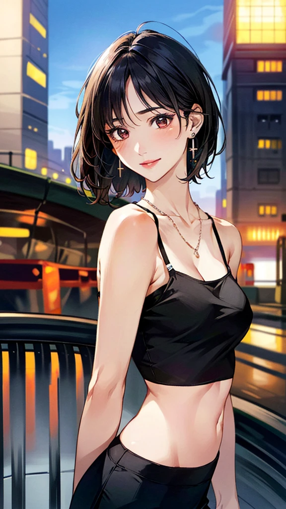 1lady solo, (strolling through city), (stylish outfit) (crop top), mature female, /(light brown hair/), kind smile, (teeth:0.8), (masterpiece best quality:1.2) delicate illustration ultra-detailed, large breasts BREAK (holding designer's bag) BREAK (luxurious downtown street) outdoors, night, cityscape, detailed background