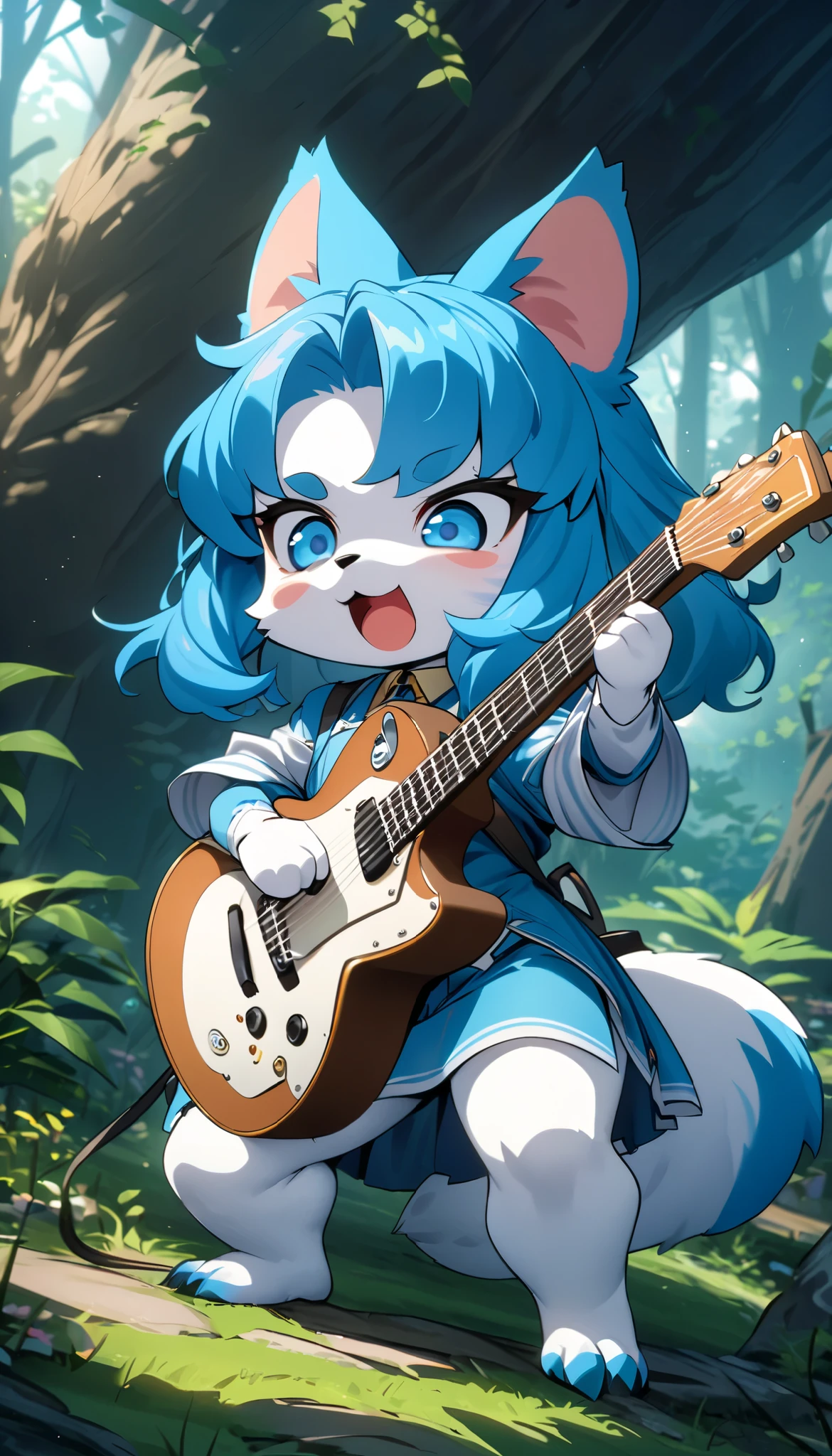 boy, cat, furry, bodyfur, tail, blue collar, blue bra, bottomless, blue gloves, blue boots, chibi, sparkling eyes, from below, cute, playing the guitar, singing