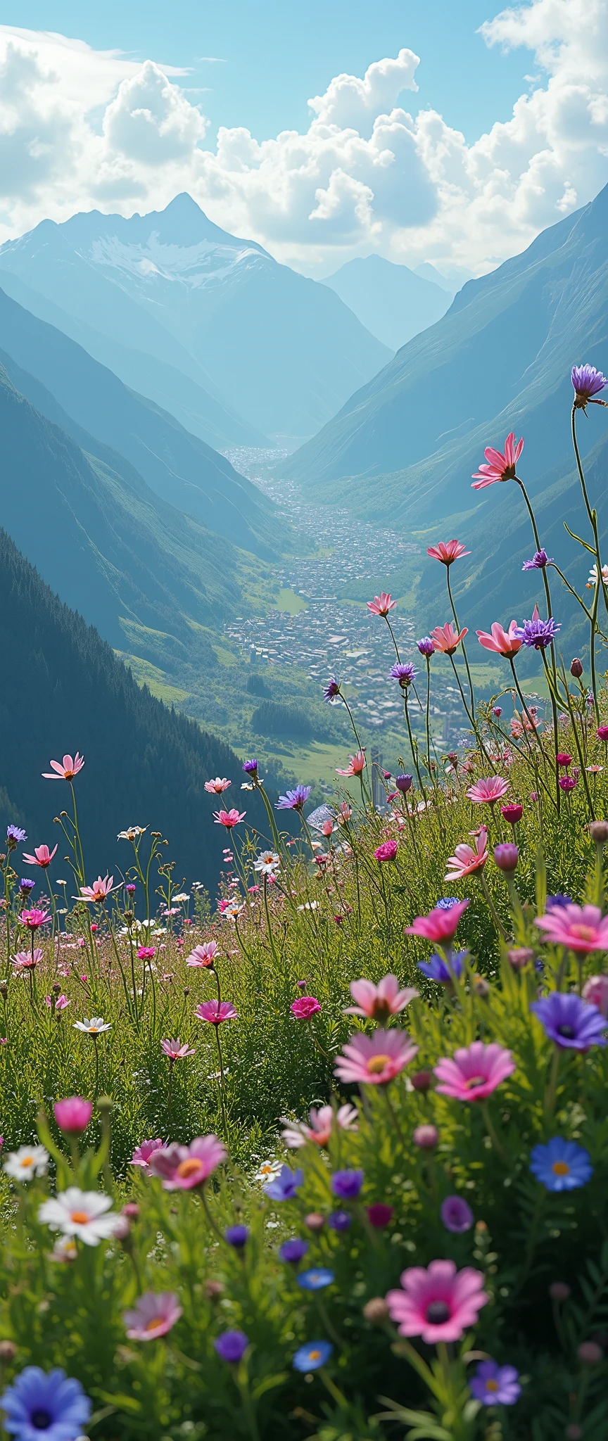 highdefinition images 、 Flower fields in the Swiss Highlands 、 Best Picture 、 A plateau with a fresh breeze 、 Magical beings hidden in the prairie and mysterious colorful flowers 、 8k( High Quality Seven Colored Flowers ) A plateau full of fantasy、 A refreshing plateau landscape image。You can see the cityscape under the plateau。