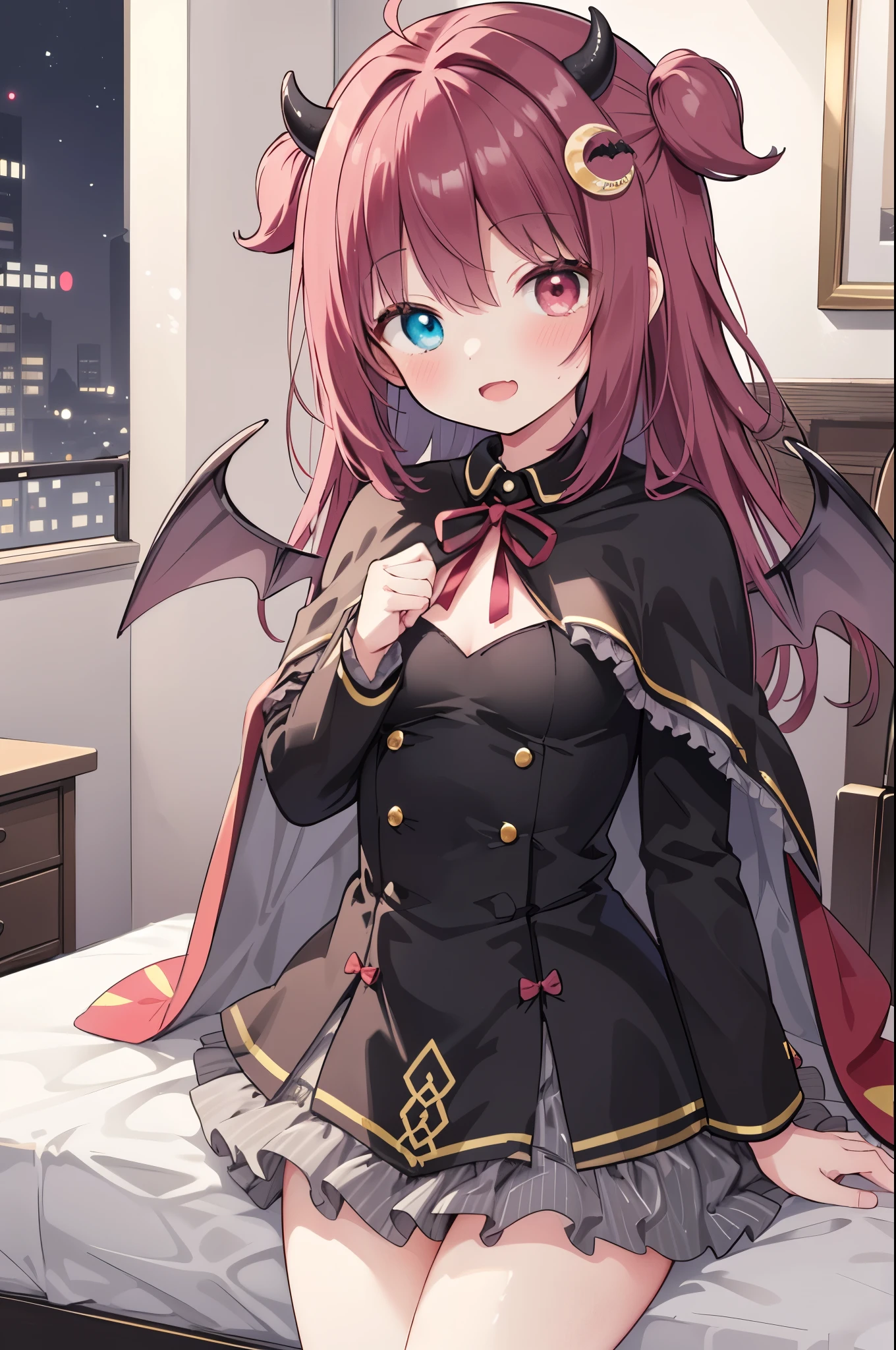 masterpiece, Top Quality , Detailed Details,Cinema Light,cowboy shot standing in a natural position,Subdued red semi-long hair,(right eye is blue and left eye is red),(The right eye is blue and the left eye is red Odd Eye),((Your right and left eyes are different)), (((wearing a cute black dress with a short cape))),((yuzuki roa/Yumezuki Roa))),(The right eye is blue and the left eye is red),( detailed textured lighting) ,(((wearing a cute black dress with a short cape))),((Shiny Skin)),viewer detail surface lighting ), Calm red long hair,((Bat feathers growing on her back)),with 2 small horns growing on the head,crescent moon hair ornament on the head,perfect ratio,slim waist, slim body , beautiful body,middle size breasts,big eyes, view from below,(Mischievous expression,embarrassed face),(sitting),(plump camel toes),(spread your legs),((yuzuki roa/Yumezuki Roa))),The background is a cute bedroom , open your mouth and smile,wearing a cute black dress with a short cape, pink lace panties are visible,Your butt looks good,