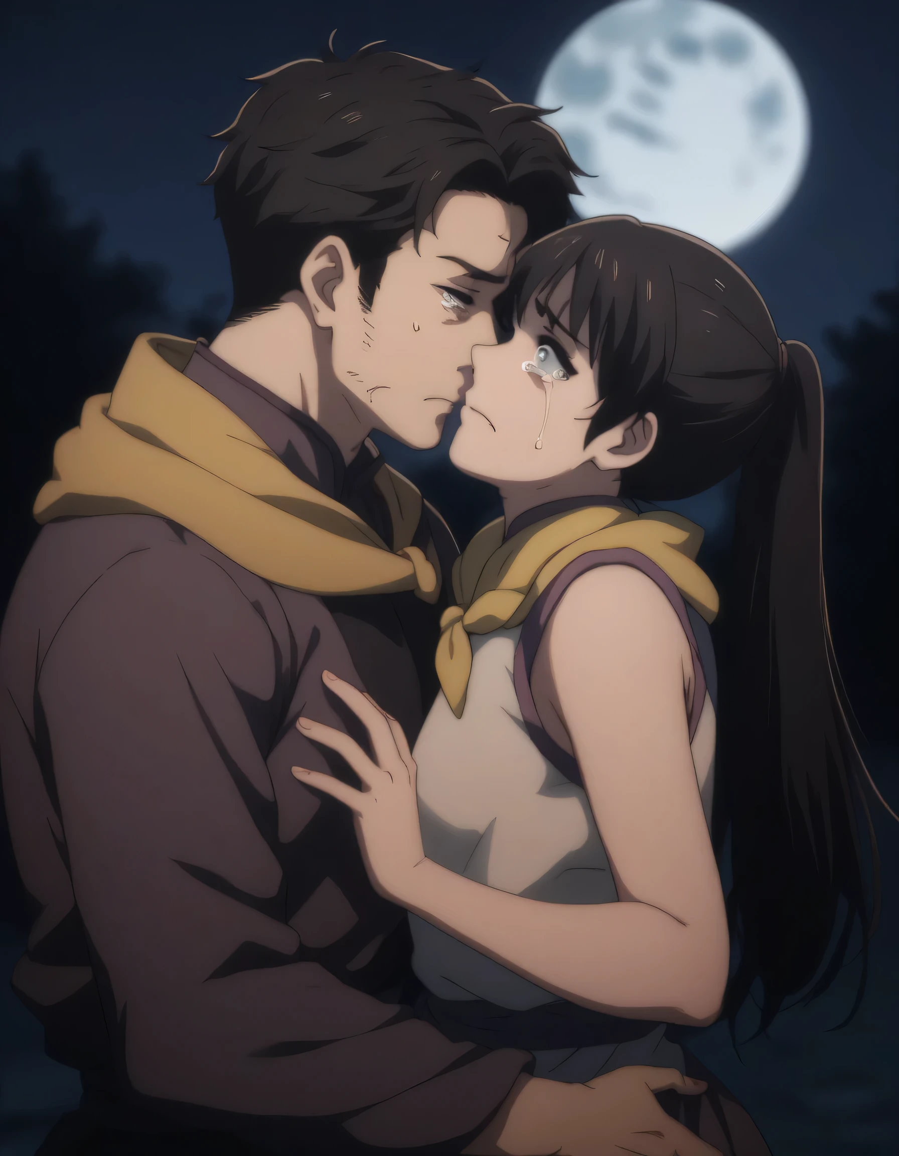 score_9, score_8_up, score_7_up, gsfghtr, multicolored robe, neckerchief, black hair, sleeveless, 1girl, sad, night, moon, hugged by a handsome boy, tears
