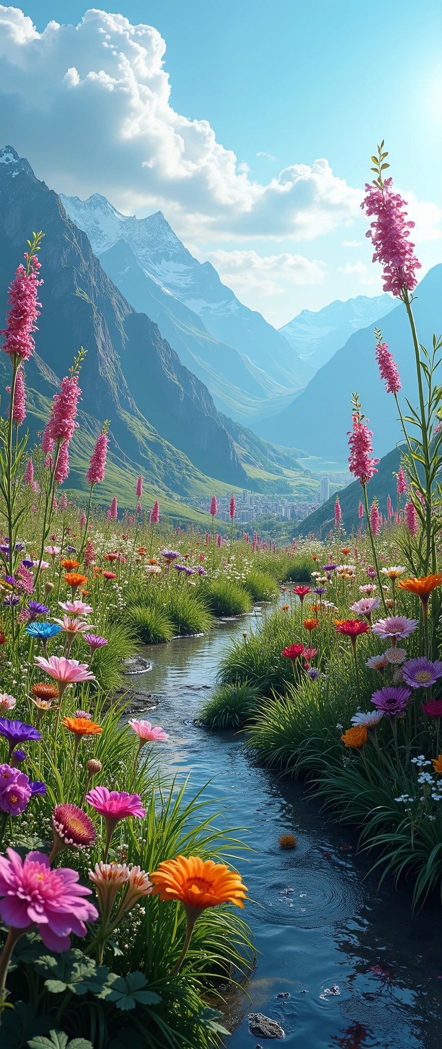 highdefinition images 、 Flower fields in the Swiss Highlands 、 Best Picture 、 A plateau with a fresh breeze 、 Magical beings hidden in the prairie and mysterious colorful flowers 、 8k( High Quality Seven Colored Flowers ) A plateau full of fantasy、 A refreshing plateau landscape image。You can see the cityscape under the plateau。