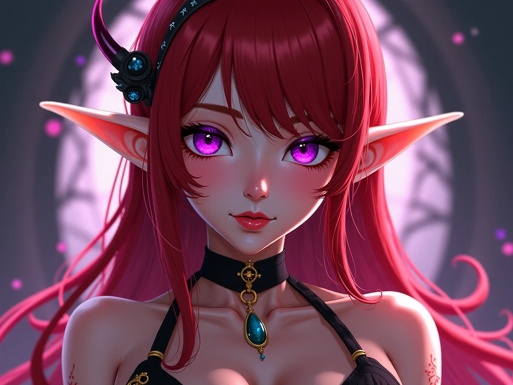 A female Milf demon with long distinctive hair with elf ears and black demonic horns, Yellow eyes of the demon, pupila vertical, rosto maduro e adulto com um sorriso perverso para os espectadores, dentes de vampiro, corpo volumoso com seios e busto enormes, pale skinned, Widow's dress in black setting and mist, corpo volumoso com seios e busto enormes, pink hair with purple locks wet with drops of this red liquid,(yellow demonic eyes), olhos brilhantes, Moda realista, sysie high definition details, fotografia, perspicacity, unique 850 4, Koda850 k portrait camera, Primavera F1.6, cores ricas, Textura super realista, textura de luz espetacular, arte surreal, Cinestil 800 mecanismo de moda.