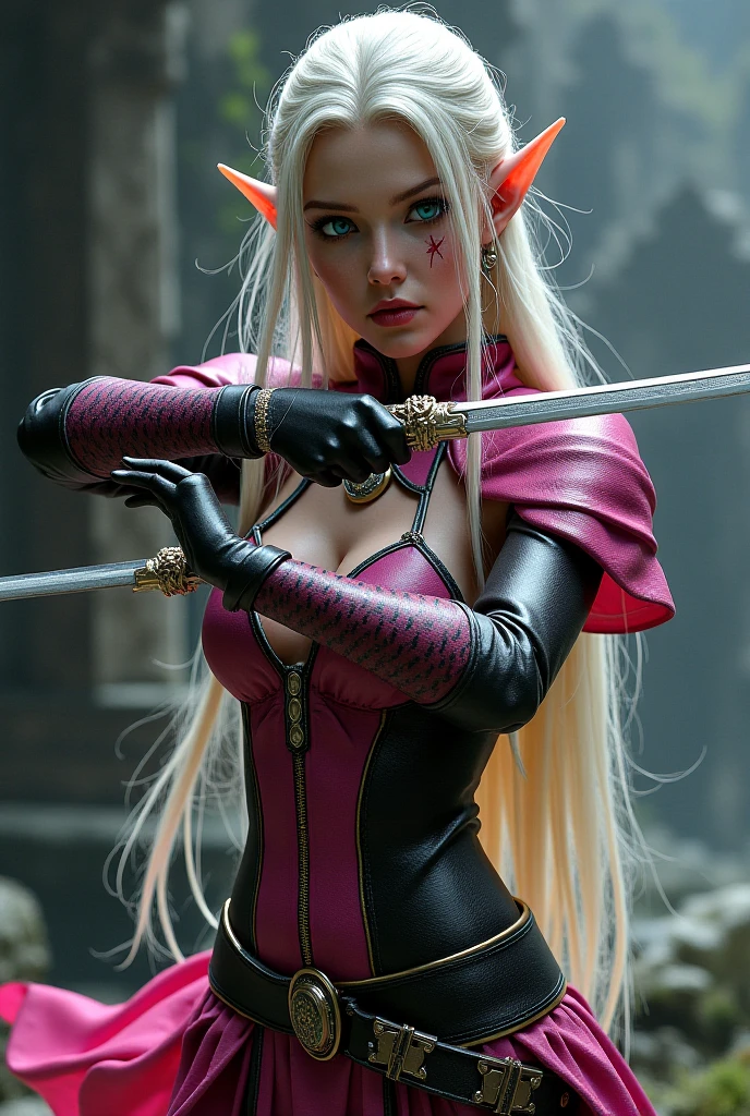 Close-up of a woman in pink latex costume holding a sword, dark eye shadow, smooth pink armor, WLOP glossy skin, WLOP and ArtGerm, divine rendering, thicc, extremely detailed ArtGerm, pinup. King of the Daggers, WLOP Rossdraws, inspired by the legendary master of St. Lucy, IG Model | Art Germ, by Oliver Sheen