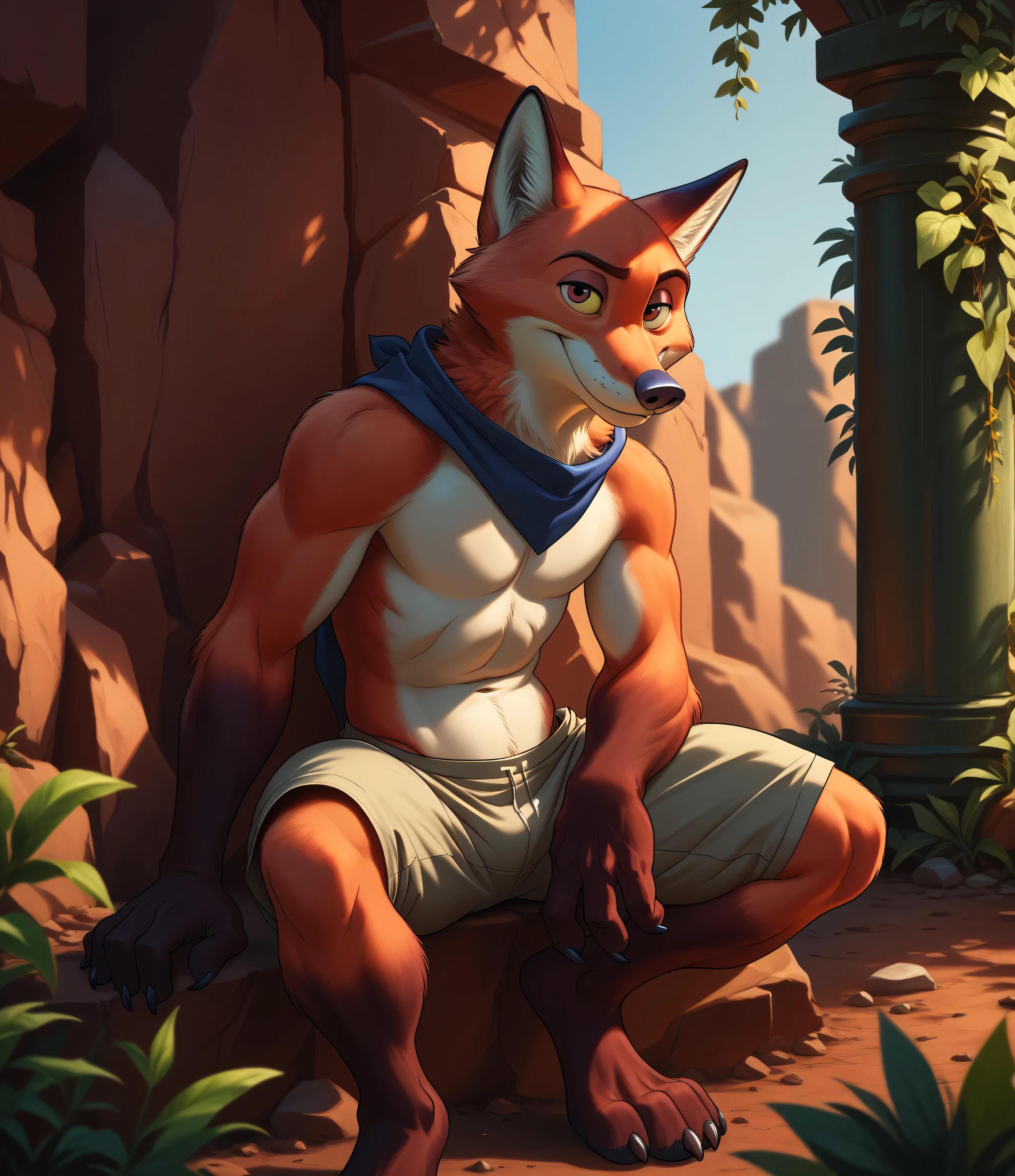 NickWilde fox brown eyes, yellow sclera, solo, detailed, detailed face, black eyes, anthro body, male, adult, muscular, cartoon shading, cel shaded:1.0, flat colors, (no background, white background):1.5, shirtless, wfa style, negger style, cartoony anatomy, above waist, looking at viewer, posing, smile