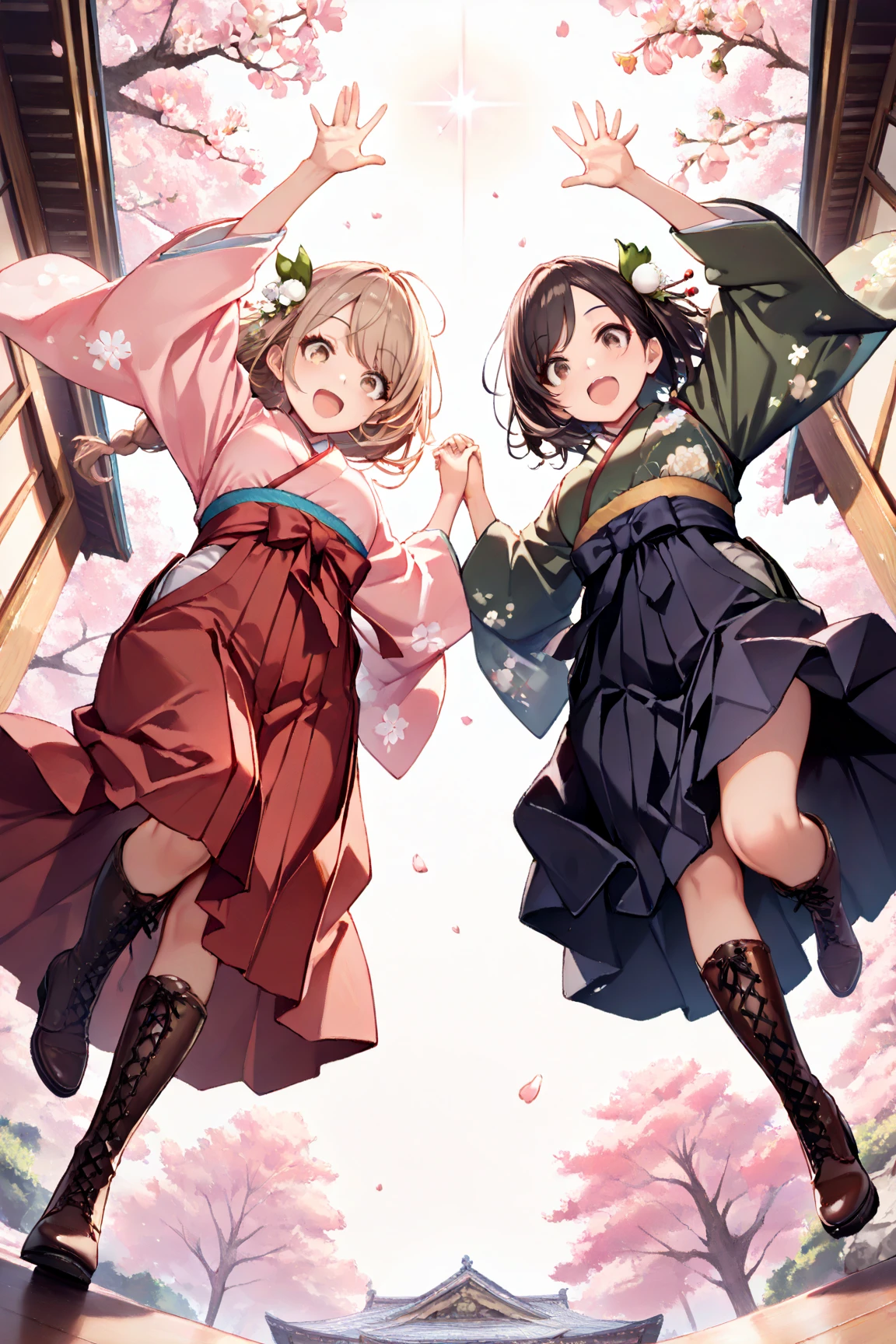 (masterpiece:1.2), (best quality:1.2), (very aesthetic:1.2), (absurdres:1.2), ultra-detailed,extremely detailed,beautiful,extremely detailed CG,ultra detailed background, 8k,16k,perfect hair, perfect fingers,
BREAK,
2 girls,beautiful,jumping,holding hands,
BREAK,
a girl wearing navy hakama,light pink furisode with cherry blossoms pattern,black hair, ,swept bangs,brown eyes,chignon,white Lily of the Valley hair ornament,arms up,black lace up heeled longboots,smiling,opening mouth,
BREAK,
another girl wearing red hakama,dark green furisode with white floral pattern,light brown hair,parted bangs,long braided hair,white peony hair ornament,brown eyes,arms up,dark brown lace up heeled longboots,smiling,opening mouth
BREAK,
white sky,traditional old blick building background,from below, backlighting,glittering, particles of light,cherry blossoms petals,cherry blossoms, depth of field,lens flare,pastel tone,spring atmosphere,デジタルアート, 