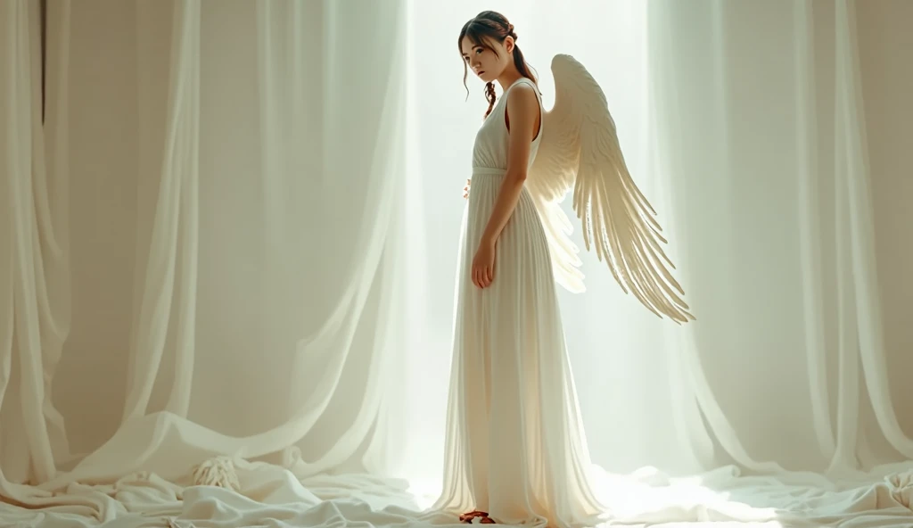 a american woman with an seraphic visage face, A braid that encircles the head, wearing white Soft Draped Gowns, full body image, standing straight, white sandals, looking at the camera