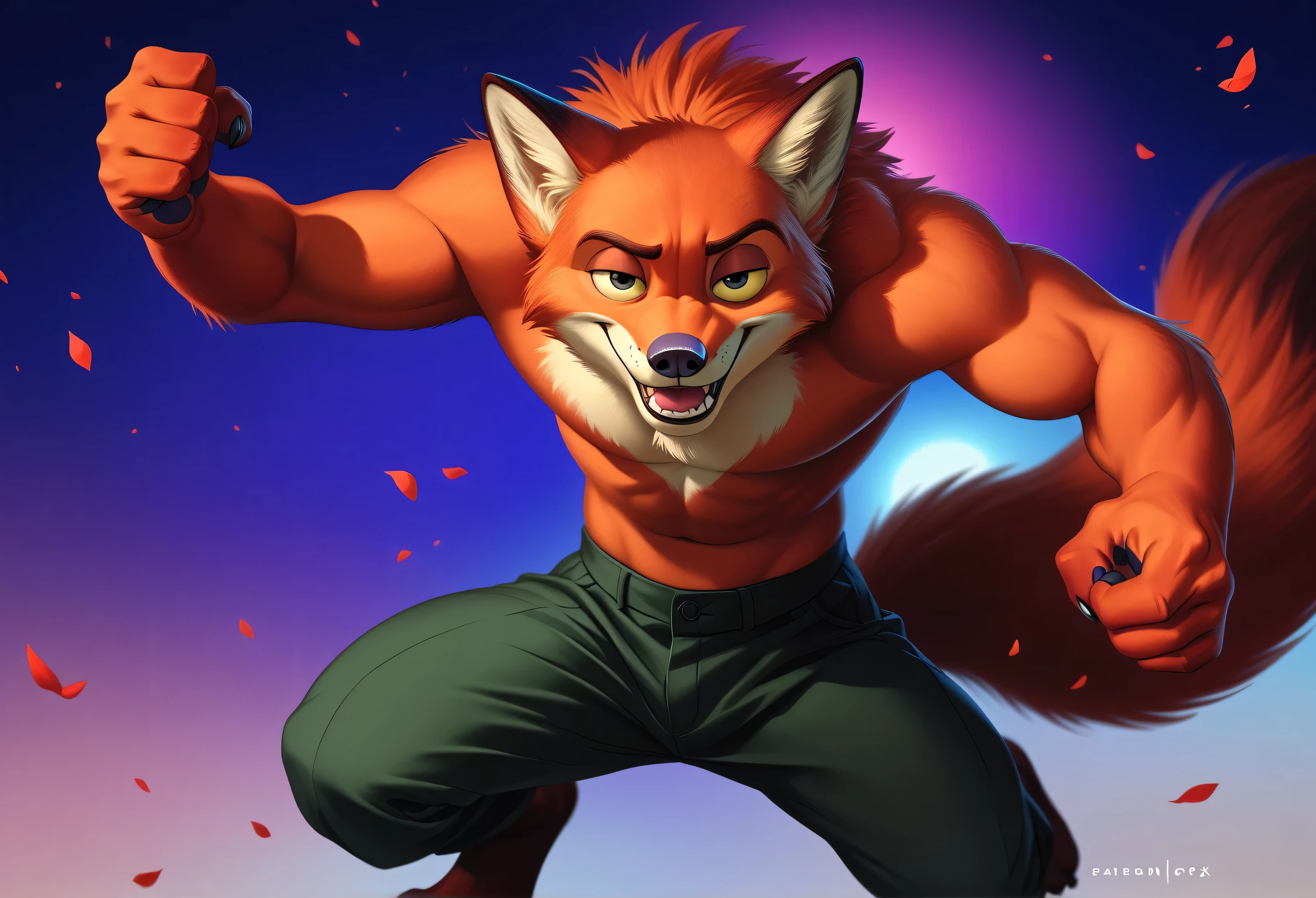 NickWilde fox brown eyes, yellow sclera, solo, detailed, detailed face, black eyes, anthro body, male, adult, muscular, cartoon shading, cel shaded:1.0, flat colors, (no background, white background):1.5, shirtless, wfa style, negger style, cartoony anatomy, above waist, looking at viewer, posing, smile