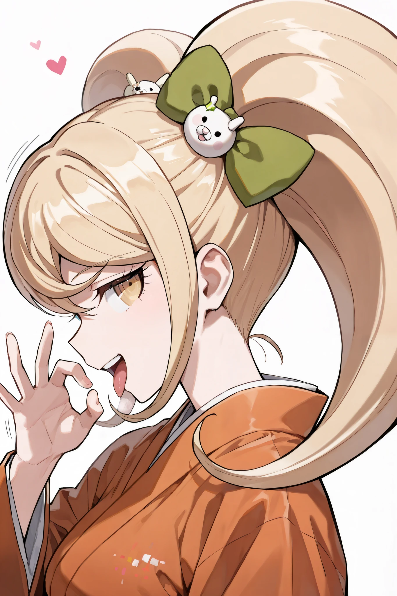 score 9, score 8 up, score 7 up, ultra-detailed, (best quality, masterpiece, ultra detailed, ultra high res, absurdres, high-resolution, highest quality, very aesthetic, textile shading), source anime, (detailed eyes), (detailed face), uncensored, nsfw, BREAK, 1girl, solo, (saionji hiyoko), (danganronpa /(series/)), (danganronpa 2/: goodbye despair), fellatio gesture, upper body, profile, tongue out, open mouth, heart, heavy breathing, naughty smile, looking at viewer, white background, simple background, motion lines, japanese clothes, orange kimono