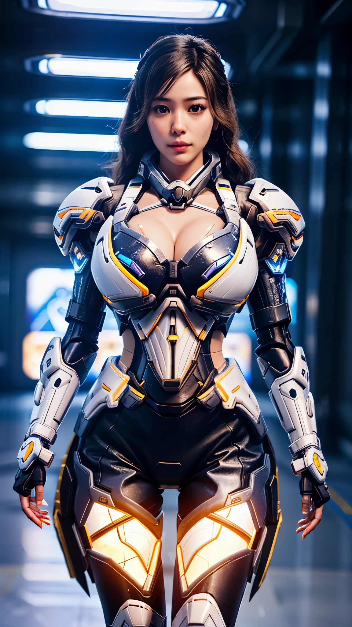 Virtual image,Realistic 8K images,hips up,Masterpiece,Complete Anatomy,Complete dynamic composition,morning sun,Light hits the front,young woman with long brown hair,Tattoos on the upper arms and stomach,cybernetic robot((white, yellow, and a red cyberpunk figure.)),ตัวบิกินี่-white_orange_gold_metal,,เสื้อกล้ามwhite,Abstract city background at night