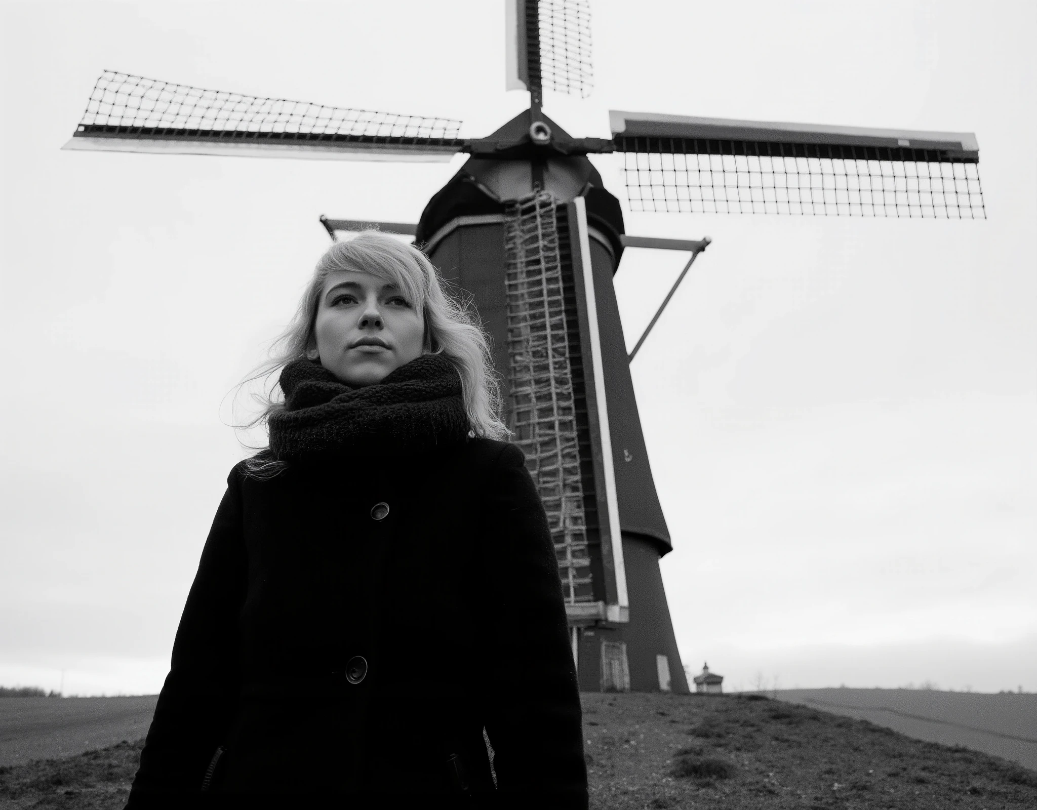 Cinematic photography, low-angle close-up view of a young woman standing in front of a towering windmill. She is wearing winter clothing — a long, dark coat with a high collar, a knitted scarf wrapped around her neck, and a woolen beanie covering her long, slightly tousled hair. Her face is pale, with a somber, contemplative expression, and her gaze is directed sideways, looking into the distance. The windmill looms behind her, its large, grid-like blades casting dark, angular shadows against a cloudy, overcast sky. The scene is in black and white, with dramatic backlighting creating a striking silhouette effect. The atmosphere feels cold and isolated, with the contrast between the dark clothing and the pale sky adding to the moody, cinematic style. A sense of quiet tension lingers in the air, as if the windmill and the woman are frozen in a timeless moment. The photograph has a filmic quality, rich in depth of field and subtle textures, with each detail — from the roughness of the windmill’s structure to the soft fabric of her scarf — meticulously highlighted.