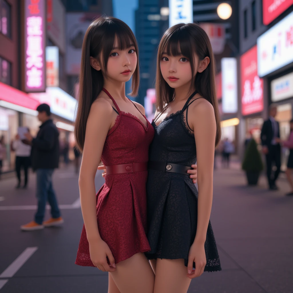 Two beautiful young and sweet princesses of cyberpunk students, 19 years old, women, hot, sexy goddesses, with long flowing black hair, hyper realistic, masterpieces, front, school uniforms, short skirts (highlight on the thighs), short sleeve shirts low-cut, wearing rings and bracelets with jewels, smiling posing together (side by side) taking a selfie ((panoramic angle camera from the top 360º)) on a street in cyberpunk Japan.
