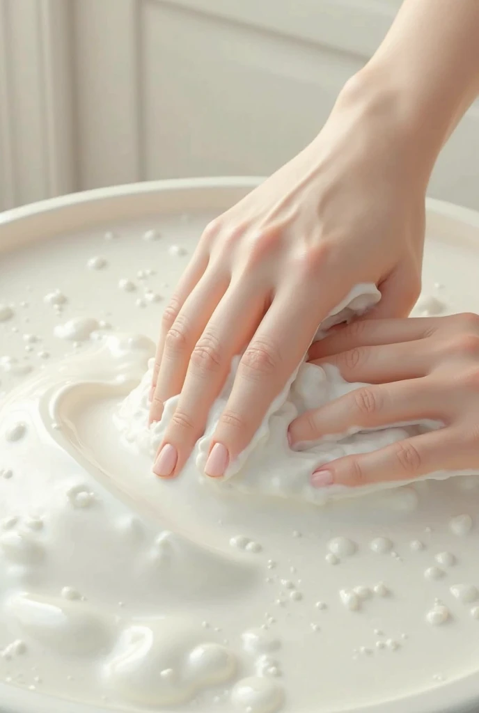 An Asian pretty teenage nurse in white nursing pants, slender, large hips, slim waist line, cleans her thin fingers with large amount of white sloppy liquid.