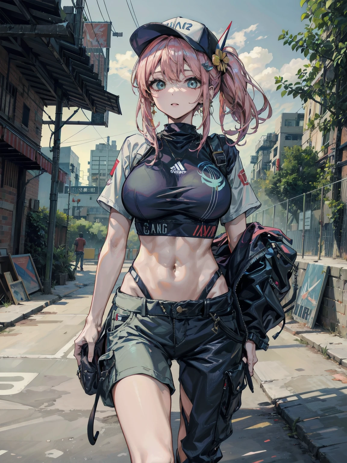 Early morning, city buildings background, sunglasses, red school swimsuit, thick eyebrows, leather backpack, bazooka protruding from the backpack, carrying heavy weapons, (dark skin: 1.3), black gloves, brown skin, movie lighting, small, beautiful light pink hair, rabbit ears, (masterpiece), ((highest quality)), (super detailed), glossy skin, full body anime girl, solo, clean and detailed anime face, High resolution anime eyes, five fingers, textile shading, perfect human structure, perfect anatomy,