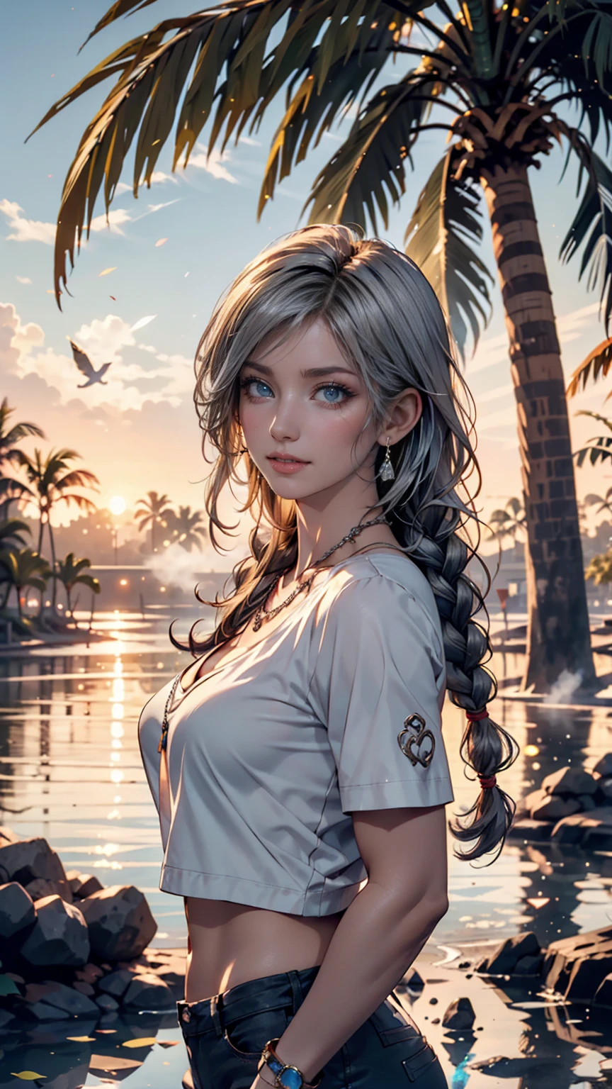 Beautiful woman, elegant outfit, ultra detailed, late afternoon landscape, sunset, 8k phothograph masterpiece