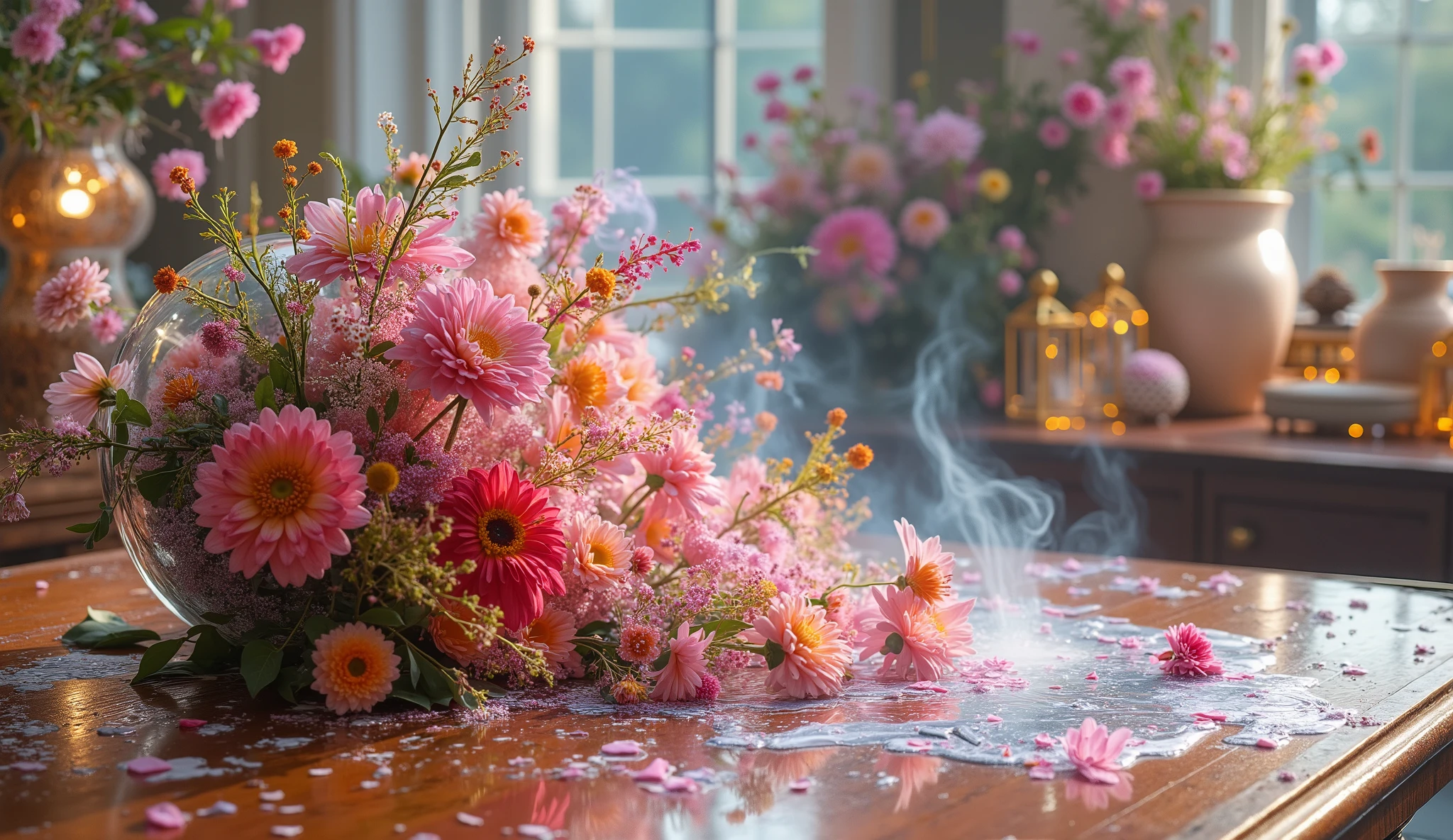assure that the smoke has a shape of faces of people
RouteLLM
Routing to GPT-4o
Create a highly realistic photographic image of a futuristic vase in the process of falling, captured mid-motion as it tips over and spills its surreal floral arrangement onto a wooden table. The vase, featuring intricate and artistic designs, should appear dynamic and weightless, with its contents cascading out in a liquid, surreal flow. The floral arrangement harmoniously blends wildflowers, exotic flowers, and imaginary flowers, all displaying vibrant, otherworldly colors and impossible shapes, with intricate details such as delicate petal textures and subtle reflections. As the flowers spill from the vase, they merge with the surface of the table, where new, fantastical blooms emerge directly from the wood—impossibly beautiful and excessive, filling the entire table with lush, alien flowers that defy earthly imagination.
The perspective should be diagonal to the table, with a close-up, macro focus on the intricate flowers in the foreground, captured in stunning, hyper-detailed clarity. The optics should feature a soft bokeh effect, blurring the background to emphasize the surreal flowers near the camera. Cascading vines flow from the vase and table, forming clusters of diamond-like shapes that sparkle brilliantly, reflecting light with dazzling, prismatic effects. Gentle, colorful wisps of smoke rise from the flowers, taking on the distinct shapes of human faces, each face subtly detailed and ethereal, as if emerging from the flowers' aromatic essence. These faces should appear dreamlike, glowing in soft pastel hues of pink, blue, and purple, adding a mystical and otherworldly quality to the scene. The composition should include over 100 extraordinary, out-of-this-world imaginary flowers, each uniquely designed, with many positioned in macro zoom near the camera for an immersive view. The background should also feature additional surreal flowers, creating a sense of depth and overw