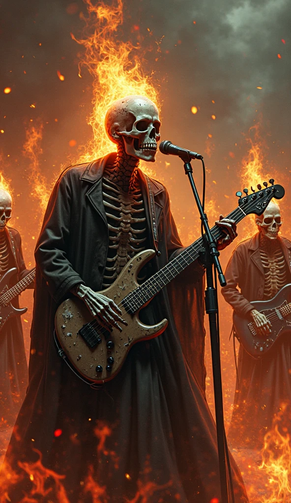 create an image of a full-length skull playing a les paul guitar while smoking a cigarette wearing white nike air force one sneakers and gold jewelry, alongside several sexy women with skull faces and a harley davidson motorcycle. in the background showing a lot of dark sky and a city completely destroyed and on fire in a post-apocalyptic climate while blue rays fall from the sky giving a tone of complete chaos
