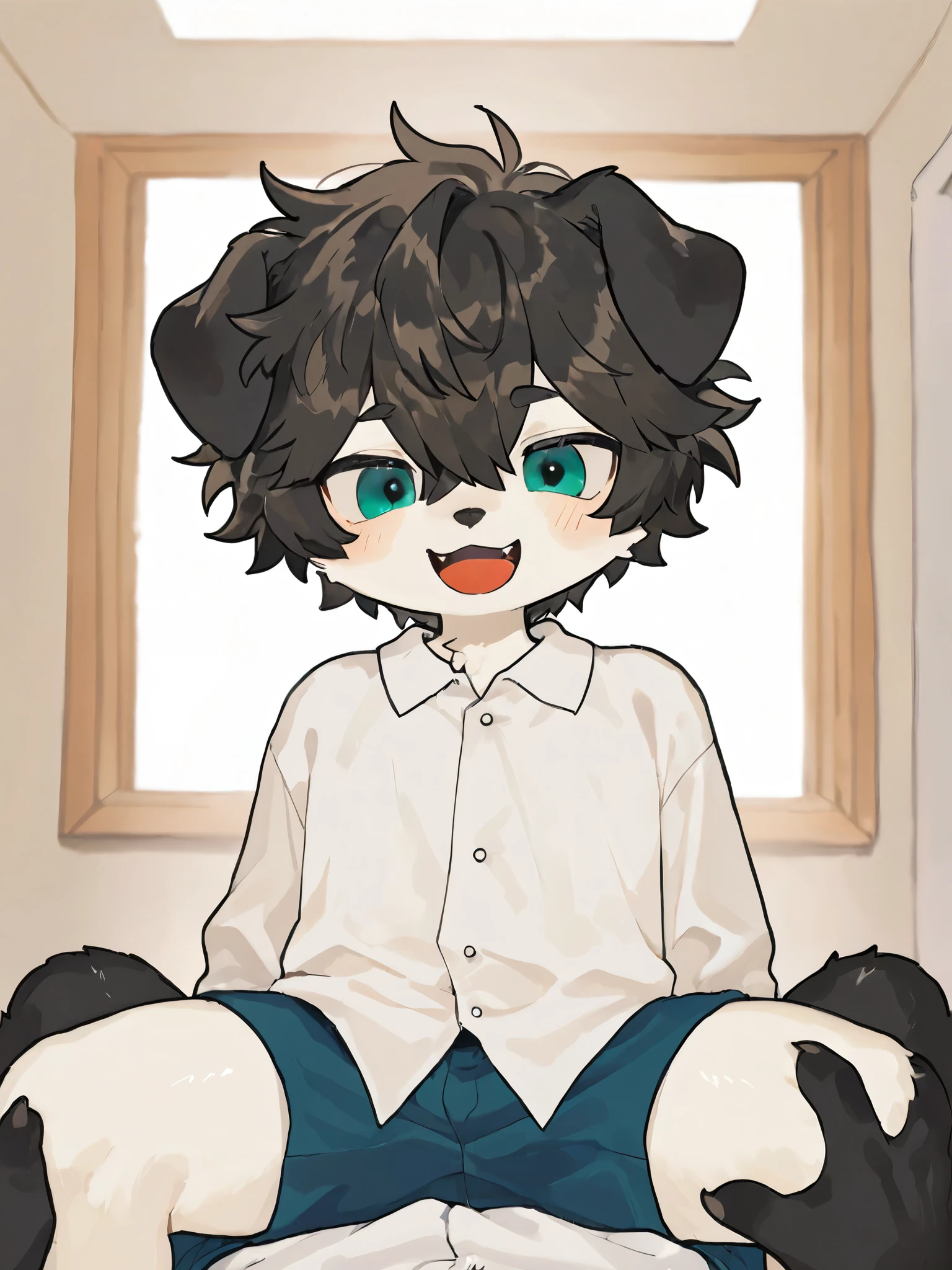  source_ furry, hadrian , furry male， ，((boy   )),  Dog boy  ，short hair,masterpiece, newest,absurdres, incredibly absurdres, messy hair, cute anthro, Alone， black fur， white body ，white shirt， A boy  knelt beside the boy , grabbing another's thigh,  shorts， spread legs， charming posture ， sitting on my body，seductive laugh， indoors，Charming expression, blouse, to milkytiger1145 , author： k0bit0wani ,( cute),boy     