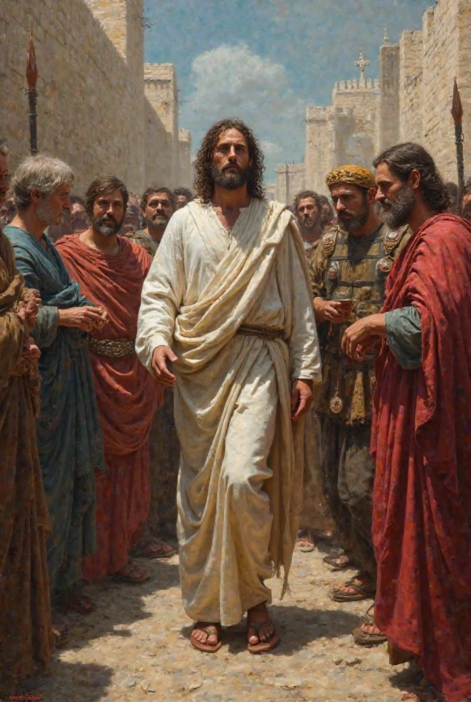 Jesus is holding a sword and standing in front of a group of people, biblical illustration, c. r. stecyk iii, by Nicholas Marsicano, by László Balogh, historical artistic representation, by Robert Brackman, by Julian Fałat, by Bernard Meninsky, by Hristofor Žefarović. Reproduce ultra definition, ultra detail, realistic,