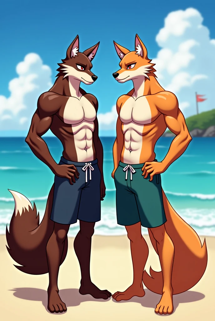 A male purple dragon and a male yellow wolf with shorts and a goatee at the beach