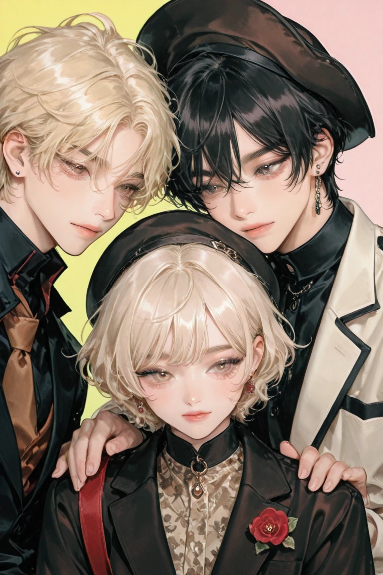 (((full-body view))), ((girl and two men)), ((dark fantasy)), male, 30-ish, (wide shoulder), ((no chest hair)),man with short black Quiff hair with Soft Fringe, (bangs part on side 3:7 ratio), blue eyes, upper body, short hair, looking at viewer, parted lips, round eyewear, showing a bit of muscles,(( girl with wavy hair, pale skin, long light blond hair),((light blue eyes)), freckles,(girl 18 years old),eroticg,Gothic background, Dark fantastic view,Best Quality,masutepiece,8K,The ultimate detailed dark background, Top image quality、RAW photography、超A high resolution,cropped shoulders, overall look is very erotic, modet, round chest, Beautiful Eyes of Details、Very slender eyes、Beautiful eyelashes、Very slim physique, with blush cheeks, bedroom background