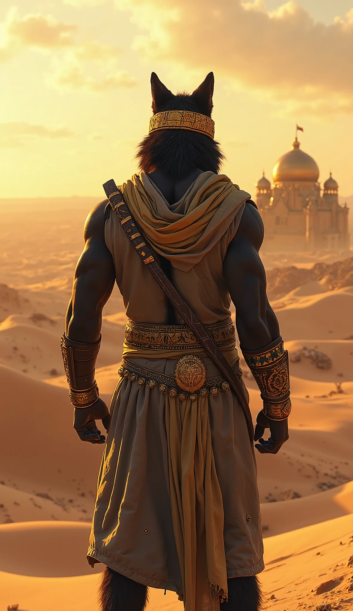 Created a landscape with a handsome 25 year old African warrior man,muscle, Determined air, which advances towards a beautiful African city,a beautiful palace with modern style dwellings inspired by the architecture of the djenné mosque in Mali and the nianza royal palace It has a spear ,une fleche et des arcs au dos.
Il a une tenue de guerrier africain 
Il est tres beau  muscle, moves forward with a determined step.
Ciel bleu ,bright sun Very bright colors ,18k,3d ,very detailed ,masterpiece, meilleure illustration 