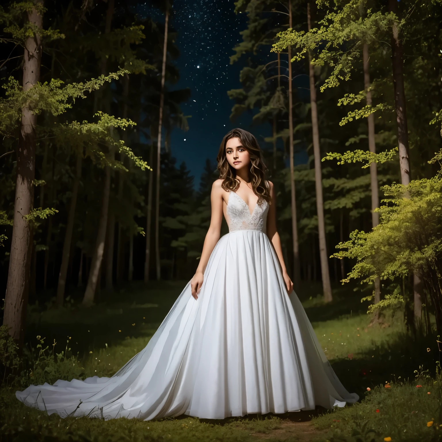 A dreamy landscape unfolds: a solitary girl with flowing hair and ethereal gown, set against a kaleidoscope of wildflowers and towering trees, bathed in soft moonlight that casts an otherworldly glow on her tranquil face. In the distance, stars twinkle like diamonds scattered across the celestial canvas, while the forest's ancient magic whispers secrets to the wind.