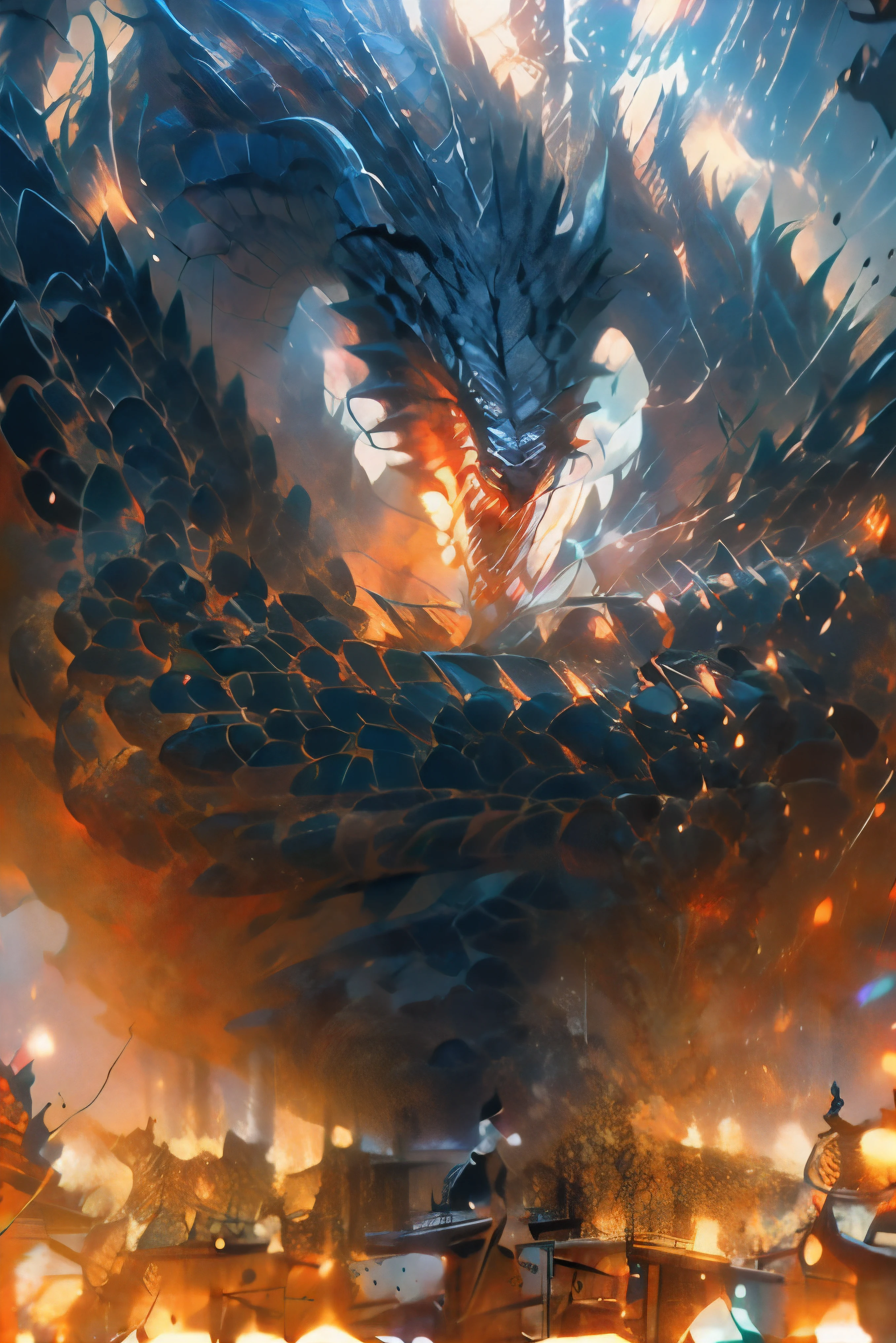 Giant Jormungand、Blue Ice Sea、Mysterious Mythological Creature、Giant Dragon with Terrible Horns、Dark Blue Desolation々Cool Weather、high quality、high quality、super realistic、4K、physics-based rendering that emits o、Extreme Detailed Expression、professional、Vivid Colors、Bokeh