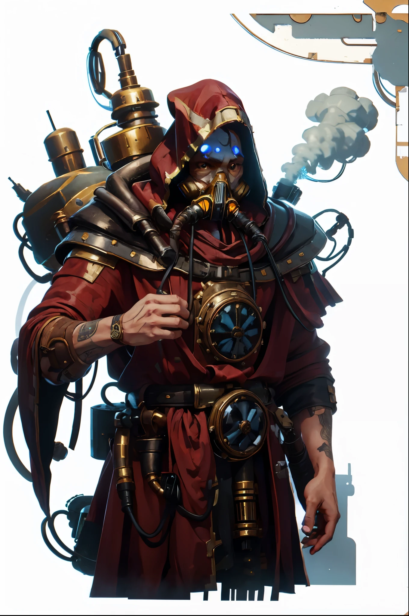 male techpriest in long red robe, gas mask, hood, backpack, mechanical arms, steampunk, hood, robe, techpriest, (upper body portrait), plain white background