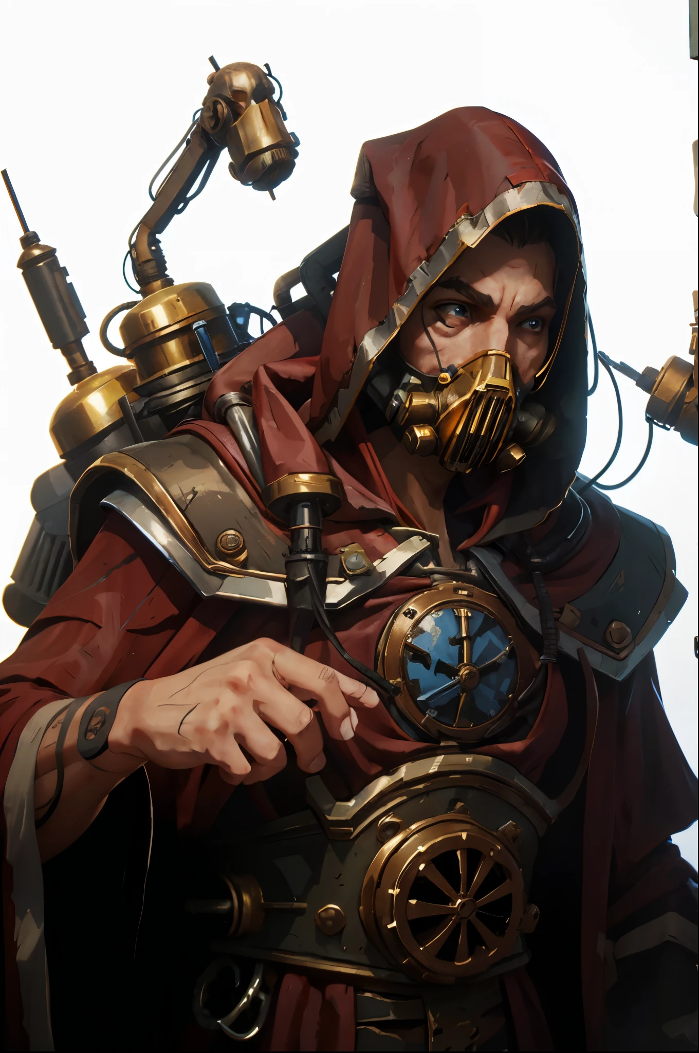 male techpriest in long red robe, gas mask, hood, backpack, mechanical arms, steampunk, hood, robe, techpriest, (upper body portrait), plain white background