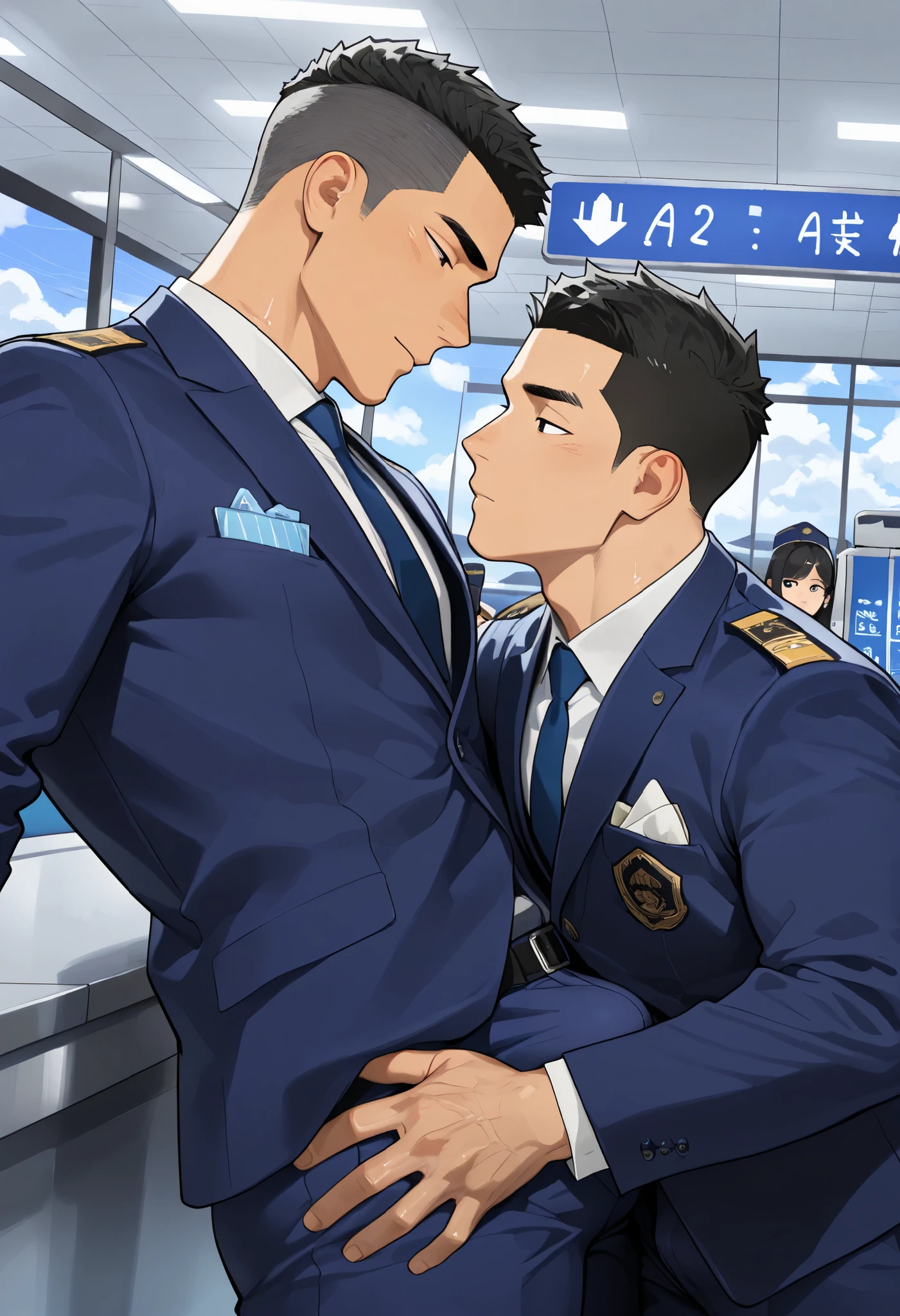 Two male, handsome, asian skin, black hair , Blusher ,black eyes, Crew cut, airport checkpoint, One man is a flight attendant, and the other man is a traveler, A man is searching another man’s body by touching it, erected under the pants, very , Outdoor, masterpiece, VERY DETAILED , Exquisite details , detailed background
