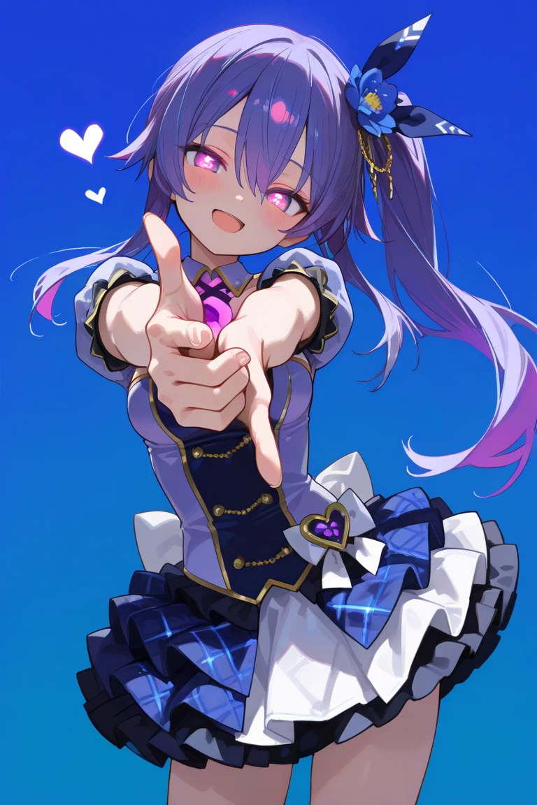 (Best quality, 4k, 8k, high resolution, masterpiece:1.2),1loli girl,Dynamic,cheerful,happy Smile Open mouth、head tilt,(finger gun　Stretch reaching arm),(cute idol clothes),beautiful,cowboy shot, (),(),(glowing purple hair:.1.5),deep blue hair,long hair,slim body、side ponytail、turime,pinkeyes,  ,(),hair flower　ribbon,simple blue gradient background、heart,