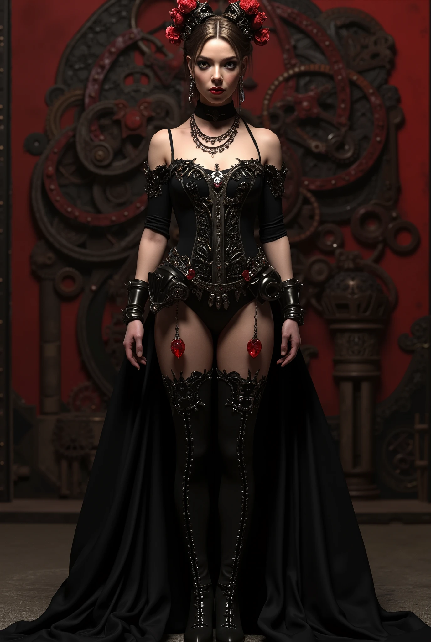 A 3D render of a hauntingly realistic portrayal best quality, highres, 4k, 8k, amazing quality, Photo full portrait of photo real. black and red steampunk woman. thigh high boots with 6 inch heels. steampunk background. “full body portrait