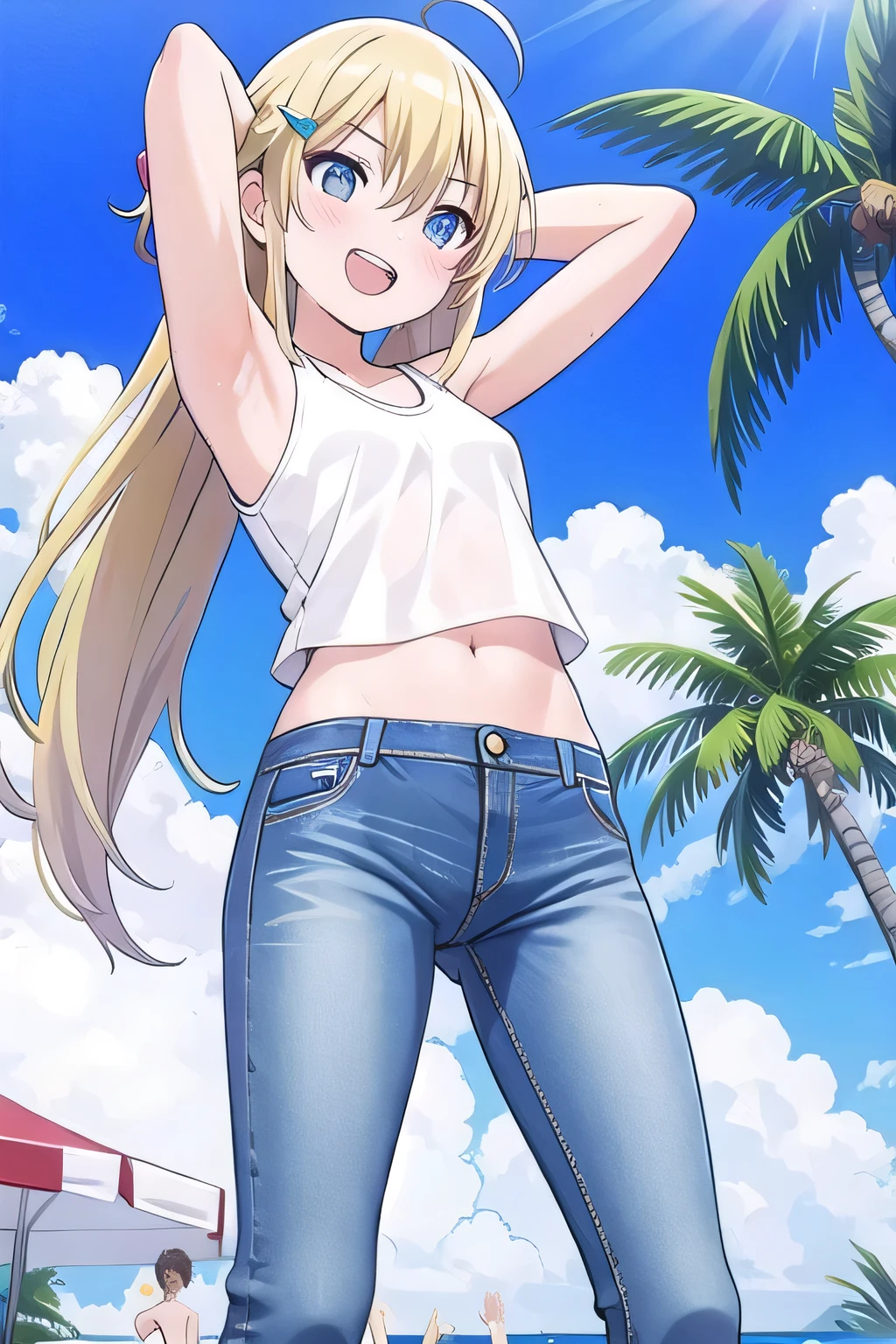 masterpiece,best quality,ultra detail, ((Perfect Face, Perfect Arms, Perfect hands, Perfect Fingers)), 1girl, , peti ((round face, ecstasy, orgasm face, drooping eyes, shame smiling, blush)), dropping eyes, sleepy, Open mouth, ((White teeth)), background((under the beach, (day:1.2), palm tree, bright sky)), miku hatsune, ahoge, aqua eyes, (blonde hair:1.4), crossed bangs, hair between eyes, hair ornament, (long hair:1.4), (messy hair:1.7), ((arms behind head, hands behind head, fingers behind head)), ((contrapposto)), spread armpits, looking at viewer,, (white tank top:1.2), (white crop top:1.2), (jeans pants:1.2, flares jeans:1.2, skinny jeans:1.2, blue jeans:1.2), standing, (legs spread:1.4), sex pose, Sweaty crotch, Steam from the crotch, from below, whole body