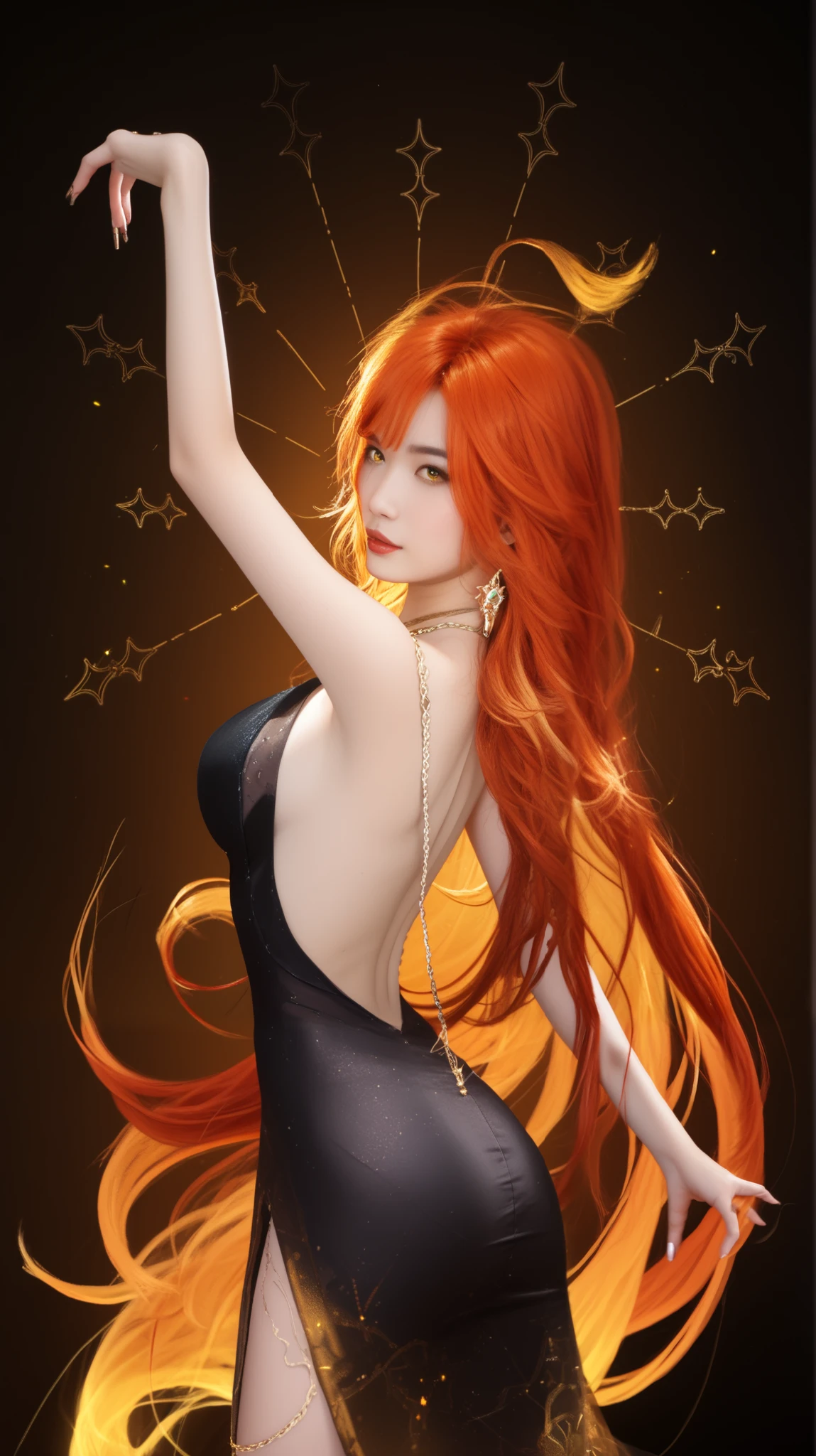 Realistic, ultra realistic, girl is realistic, A young, Asian woman, approximately 20 years old, with fiery orange-red hair flowing dramatically, poses in a glamorous, backwards-facing pose. She wears a black, form-fitting, high-slit gown with a halter neck, the fabric appears semi-sheer, revealing skin through it, and subtle city lights designs are visible through the fabric. A delicate gold chain necklace is visible around her neck. Her expression is serene yet alluring, with noticeable, golden-yellow eyes that highlight her delicate facial structure. Her posture is languid, yet powerful, with one arm gracefully extended upward. The background is a dark, rich brown, with a gold-yellow light source highlighting her hair and form, creating a dramatic contrast. The lighting is carefully placed to emphasize her curves, body movement, and facial features. A subtle constellation-like pattern surrounds her head, subtly glowing with warm golden-yellow light. The overall composition is centered, showcasing the model from a three-quarter perspective, creating a graceful and stylized feel, with the intricate patterns and textures of the clothes, hair, and light source forming a strong aesthetic appeal, anime-inspired, fantasy aesthetic. Detailed, smooth skin, --ar 1:1.41 --v 5 --ar 1:1 --ar 16:9 --ar 9:16.