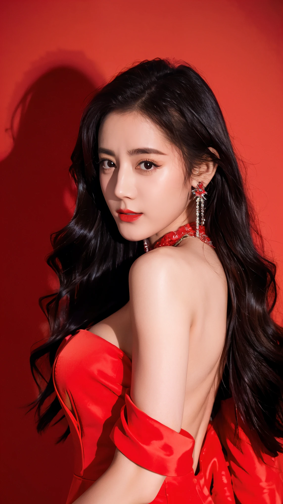 Ultra HD resolution，artistic photos，Photography，21yo girl,earrings,long hair,Red background,Black backless dress,necklace,cowboy shot,G cup,smile